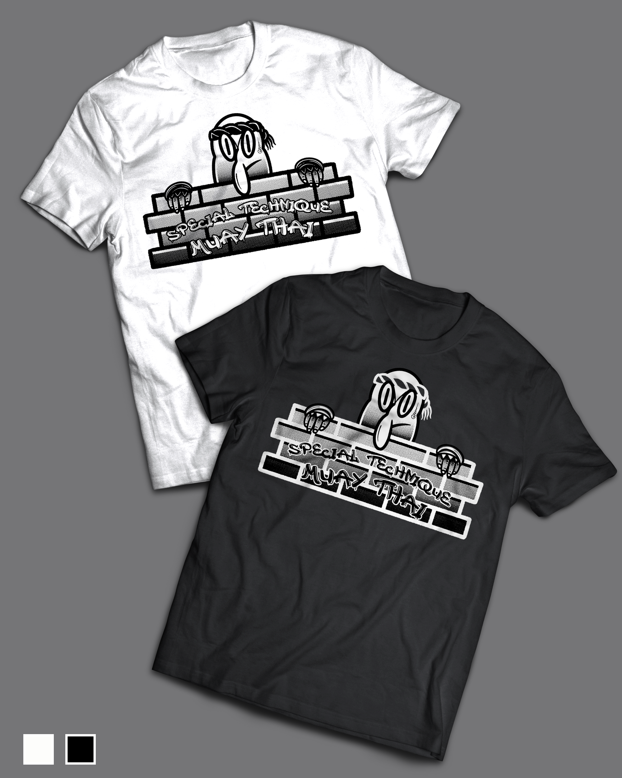 White t-shirt with a cartoon character holding a sign that says 'Special Technique Muay Thai' in black and white graphic design.