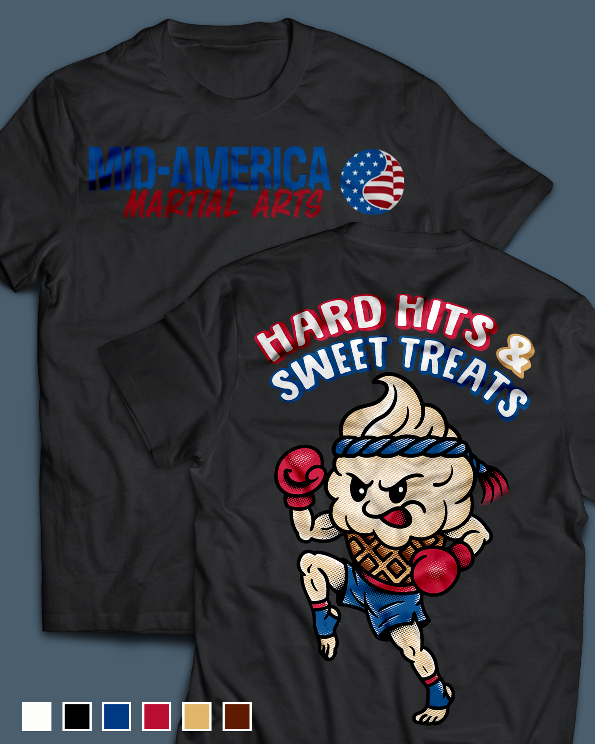 Black T-shirt with a cartoon boxer wearing boxing gloves, shorts, and sneakers, holding a punching style pose. The shirt features text reading "MID-AMERICA MARTIAL ARTS" with a circular logo of the American flag.