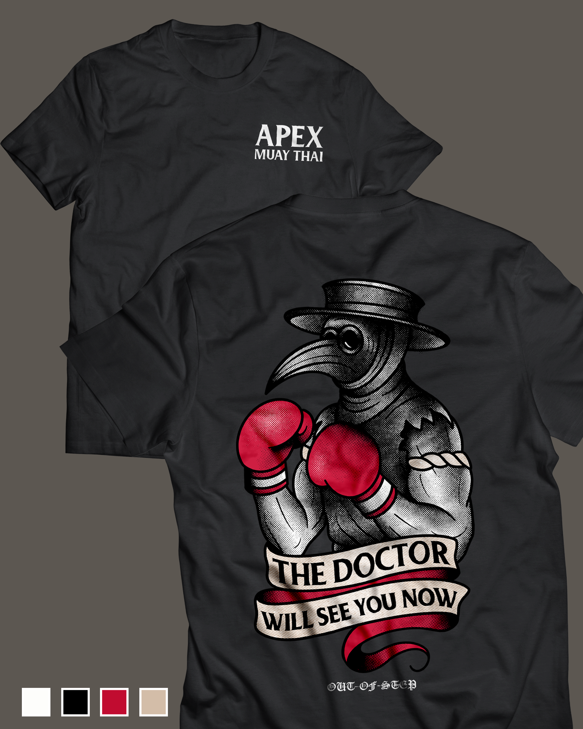 Black T-shirt with a design of a cartoon plague doctor wearing red boxing gloves. Text reads "THE DOCTOR WILL SEE YOU NOW".