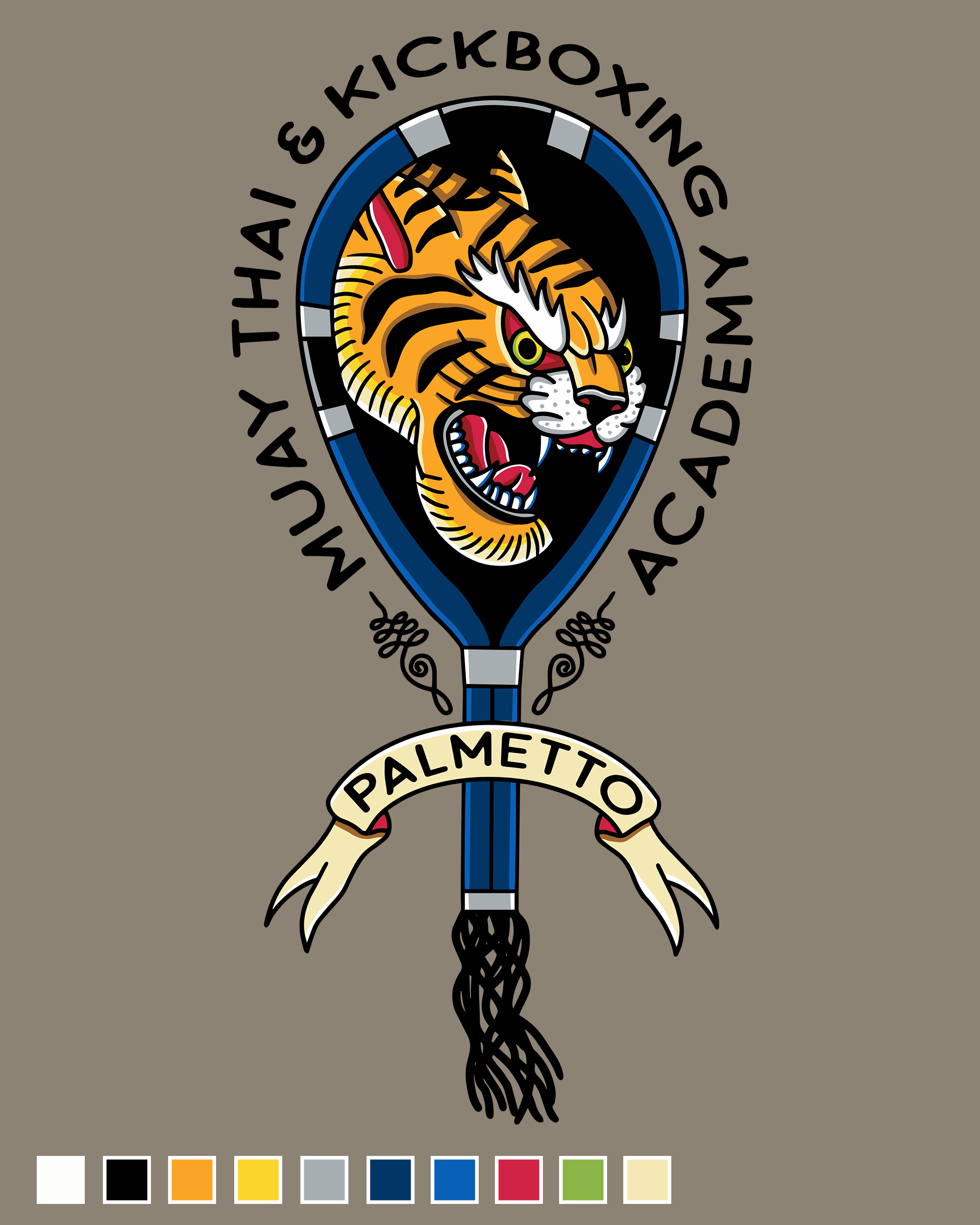 A badge featuring a fierce tiger head with its mouth open, surrounded by a circular border with the text 'My Palmetto' and a decorative banner beneath with the word 'Palmetto'.