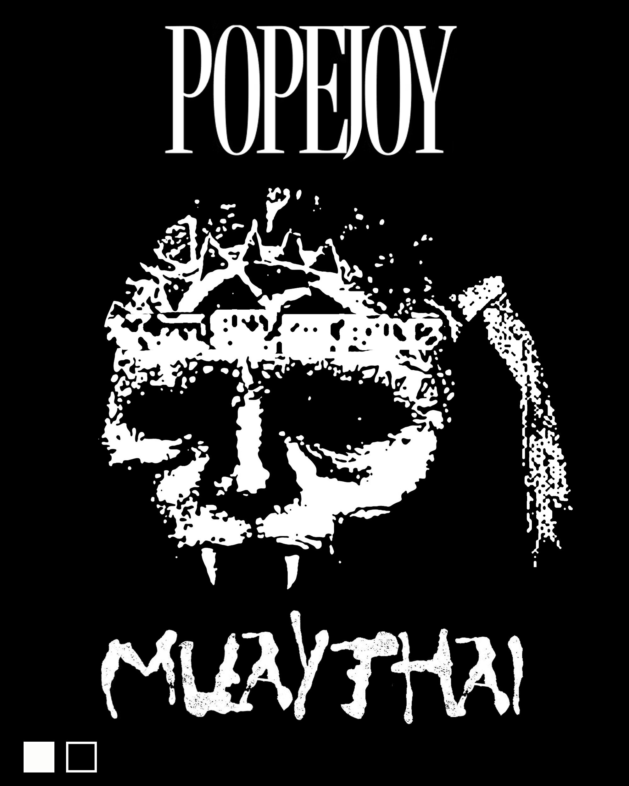Black and white image with text "POPEJOY" at the top and illegible text at the bottom. The center features a skull with a floral decoration on its forehead.