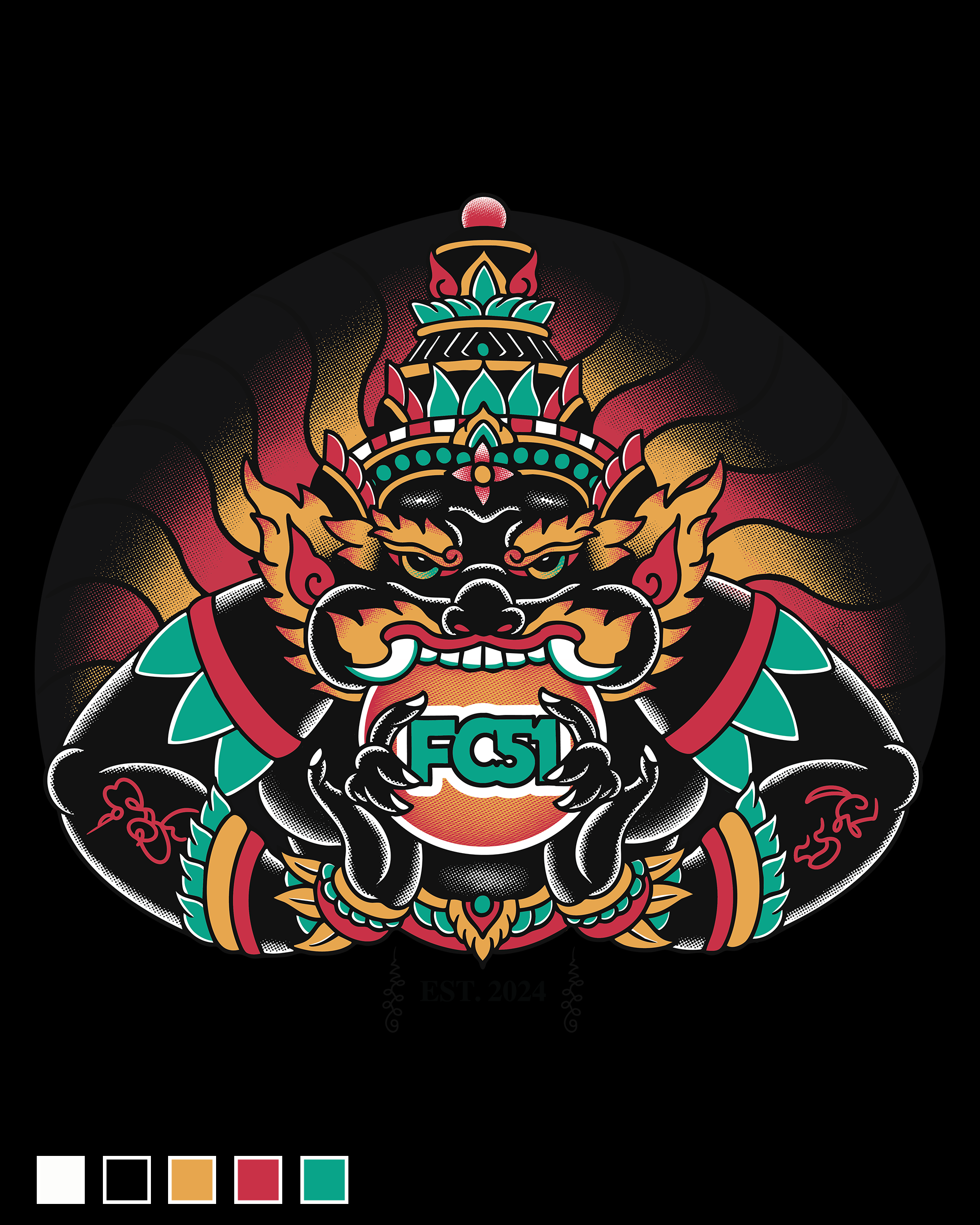 Colorful graphic of a fierce tiger mask with flames, intricate designs, and the text ECST at the bottom, on a black background.