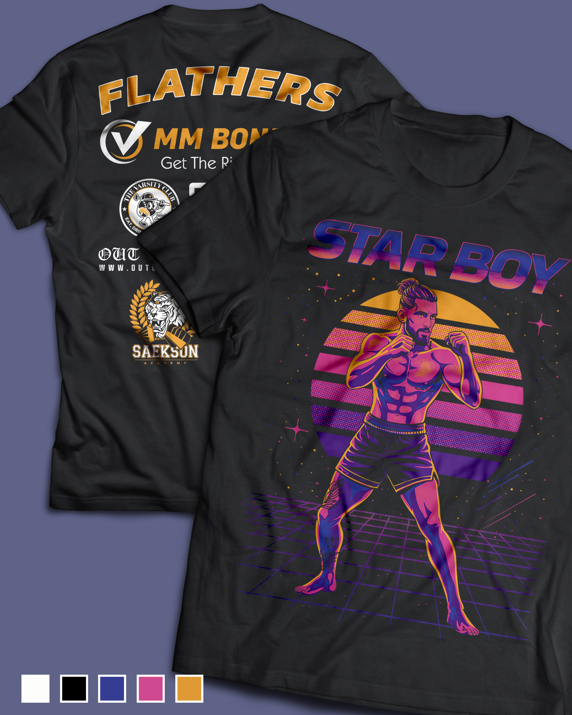 Black t-shirt featuring a retro-style illustration of a boxer with a purple and pink color scheme, standing in a fighting stance, with a yellow and purple background. The shirt has the text "STAR BOY" in large, gradient letters at the top.