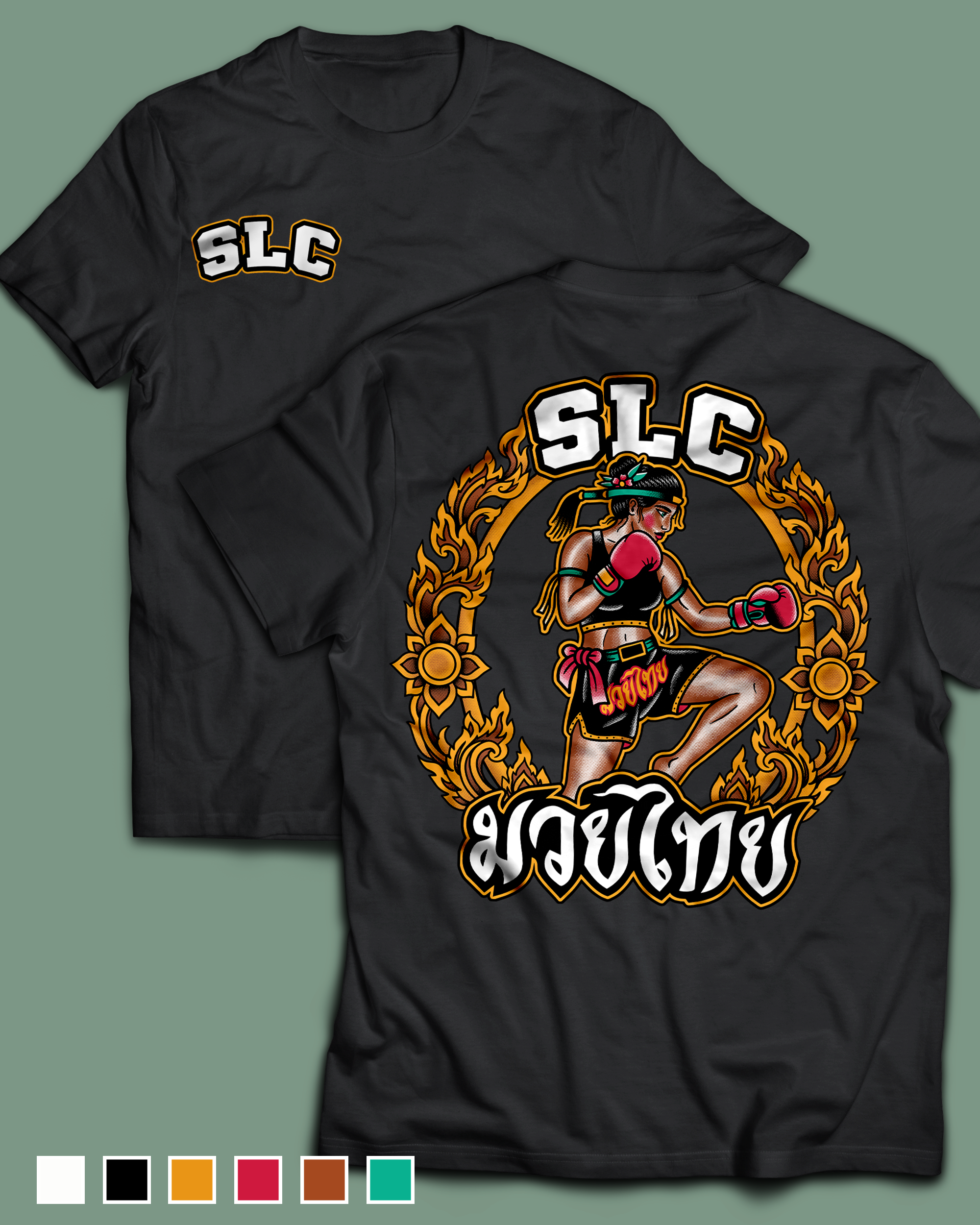 Black t-shirt with large graphic of a female boxer in a boxing stance, surrounded by flames and with the text 'SLC' at the top and 'BLOOD' at the bottom.