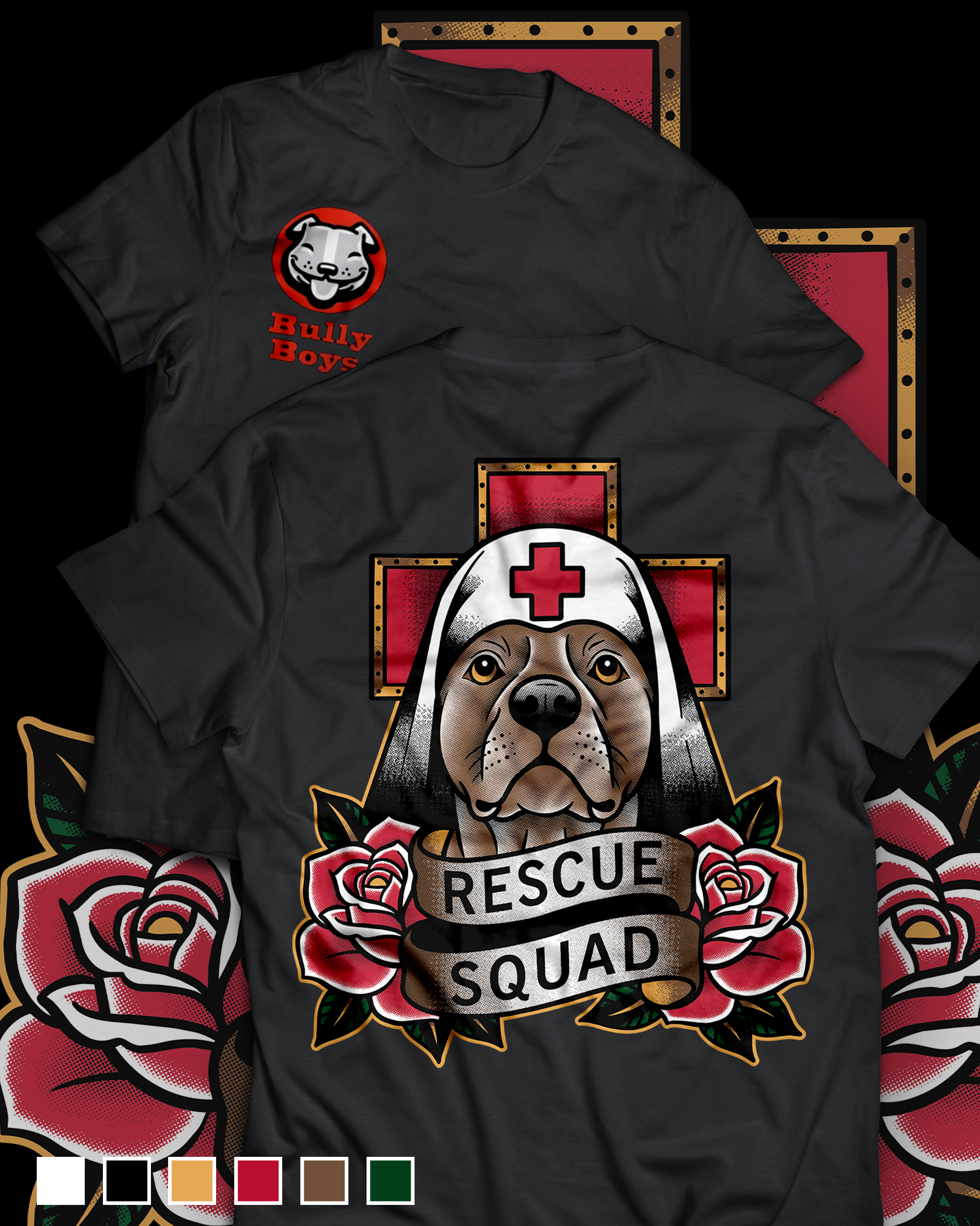A black t-shirt featuring a graphic of a dog wearing a nurse's hat with a red cross, surrounded by roses and a banner that reads "Rescue Squad".