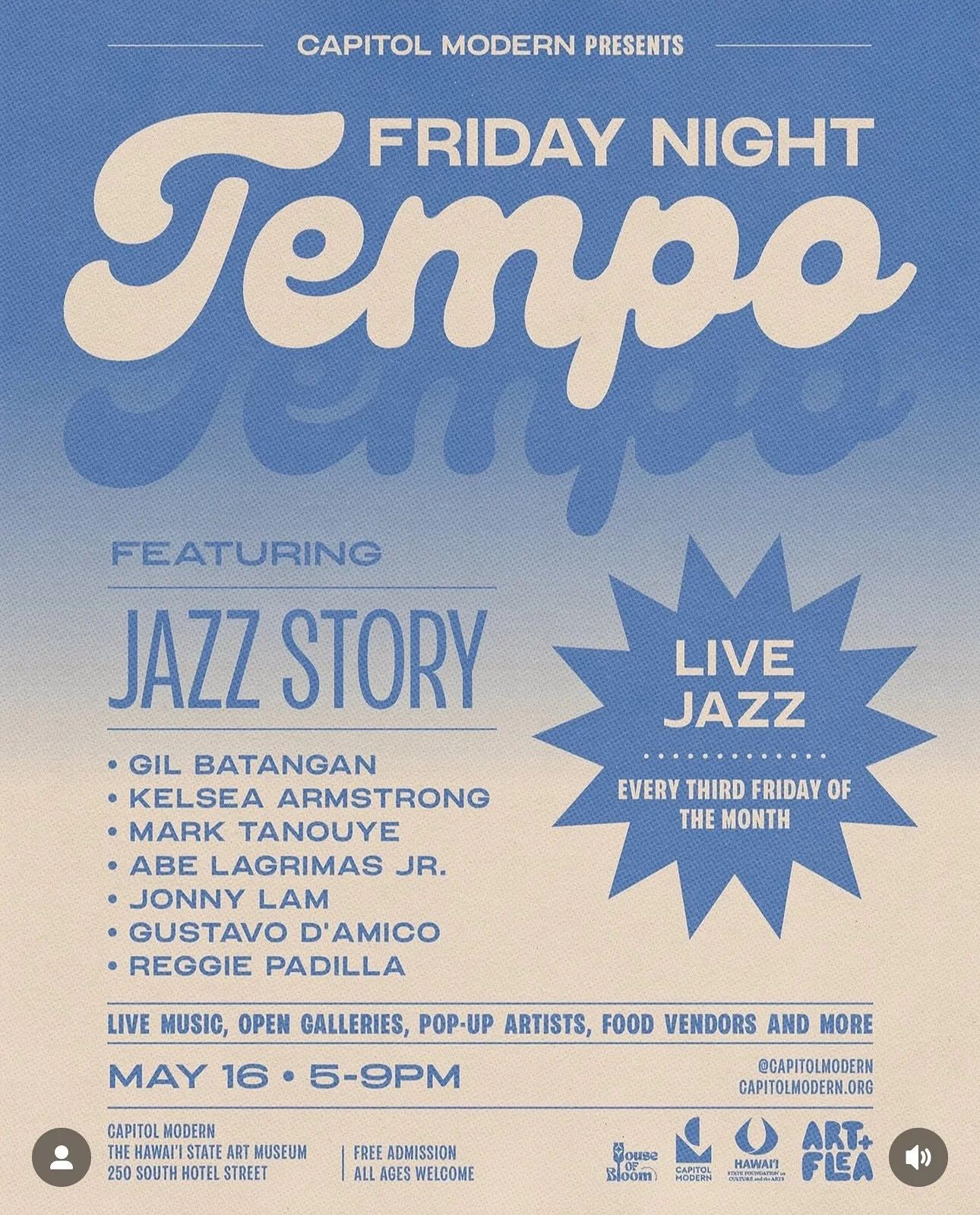 ✨ We are back! Come visit us at the Capitol Modern for Friday Night Tempo! An epic event featuring some of Hawaii&rsquo;s best musicians and of course some very talented artisans and vendors. 🙏

As always, admission is free and all ages are welcome.