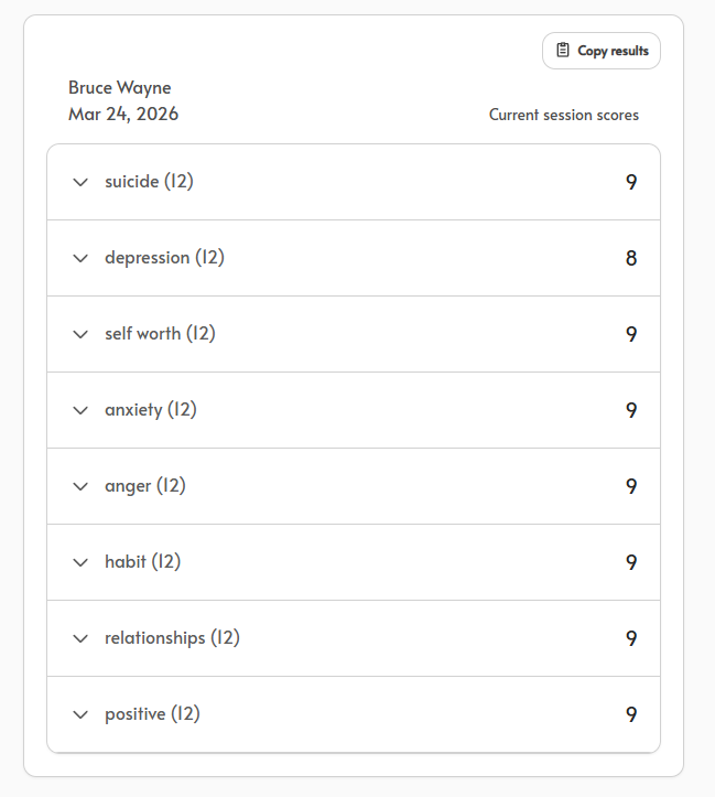 screenshot of digital forms results for client progress, current feelings
