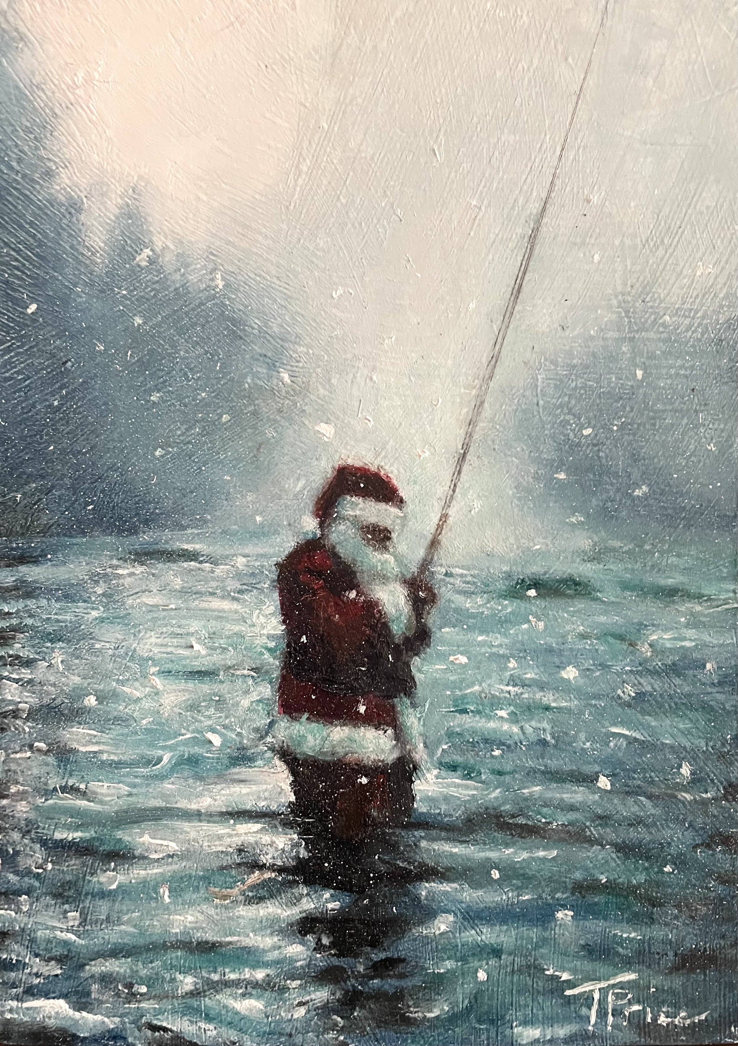 SOLD - ORIGINAL | Fishing Santa | Oil on Panel | 8" X 10"
