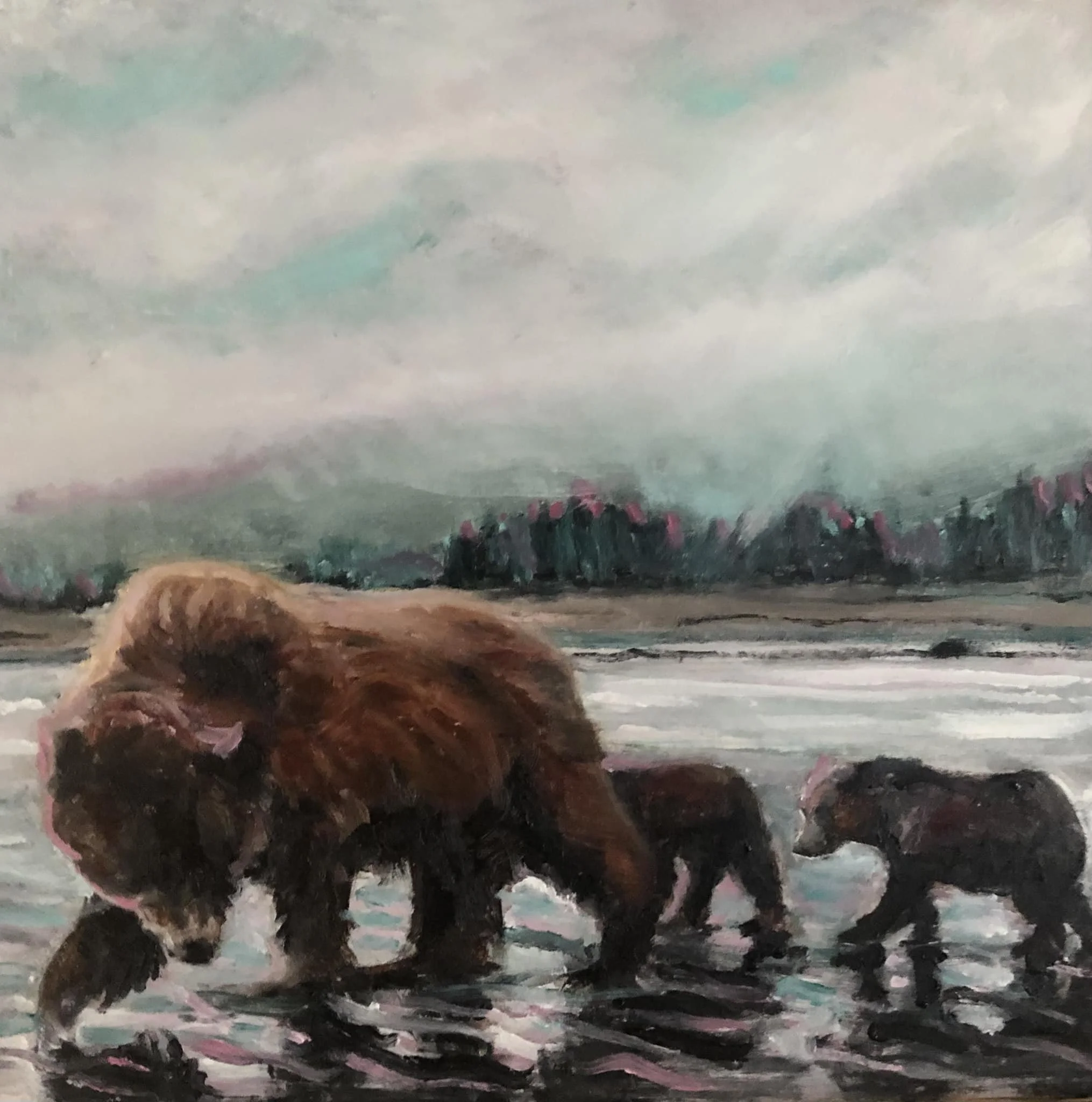 SOLD - ORIGINAL | Mom and cubs | OIL ON PANEL | 8" X 8"