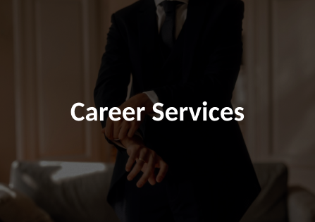 A woman in a pants suit getting ready in her living room. The image is darkened with the words Career Services over it.