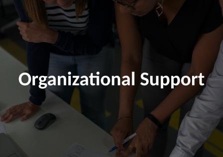 Two unidentified people leaning over a computer on a white table. They're discussing a plan. The image is darkened with the words Organizational Support over it. 