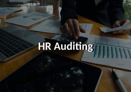 An unidentified person sitting at a brown table, with papers spread out around him. The papers feature graphs and charts. He is typing on a calculator. The image is darkened, and features the words HR Auditing in white.
