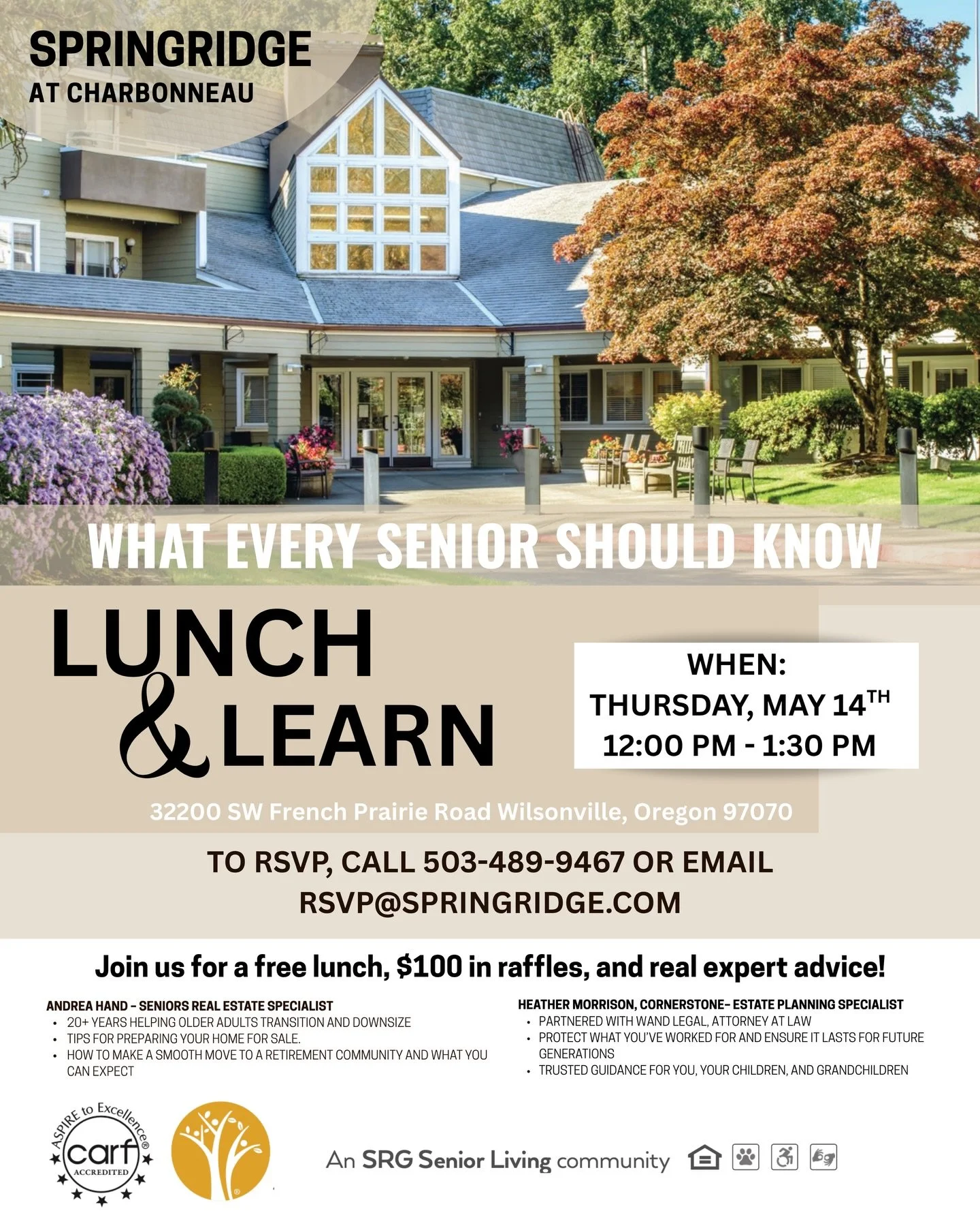 Join us for a free Lunch &amp; Learn at SpringRidge at Charbonneau!

Learn valuable tips on downsizing, preparing your home for sale, estate planning, and protecting your future, all while enjoying a complimentary lunch, expert advice, and a chance t