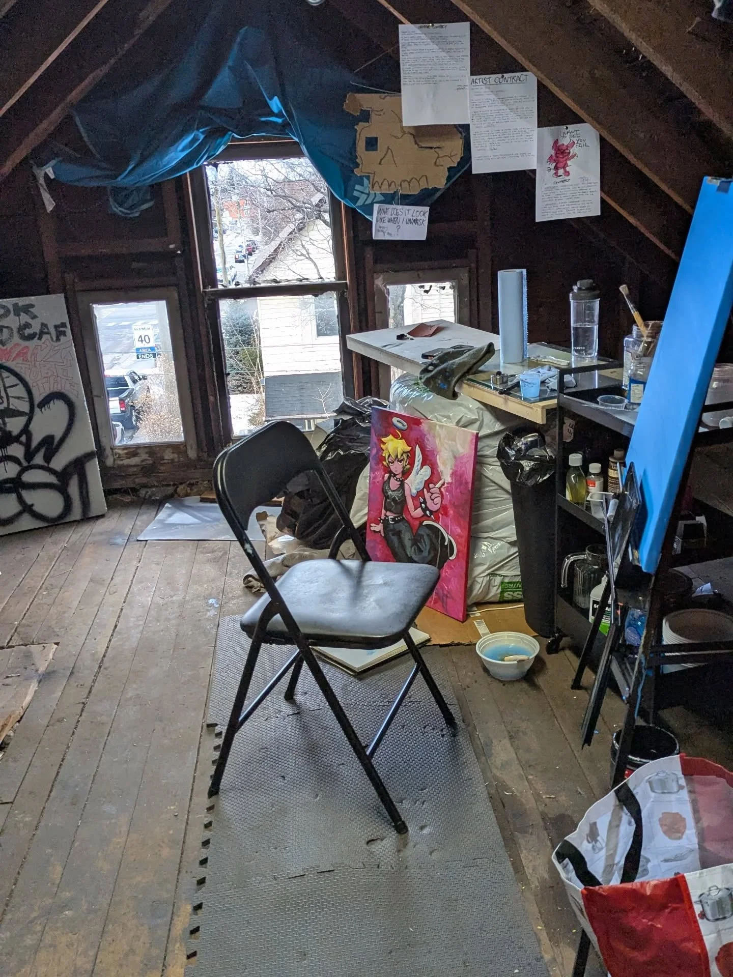 started turning my attic into a studio in sept/Oct last year. been a fun process. it started out as a place to interrogate and murder people, it became still that but also for art.

moving into a new space very soon. I will miss the dead mice, bitter