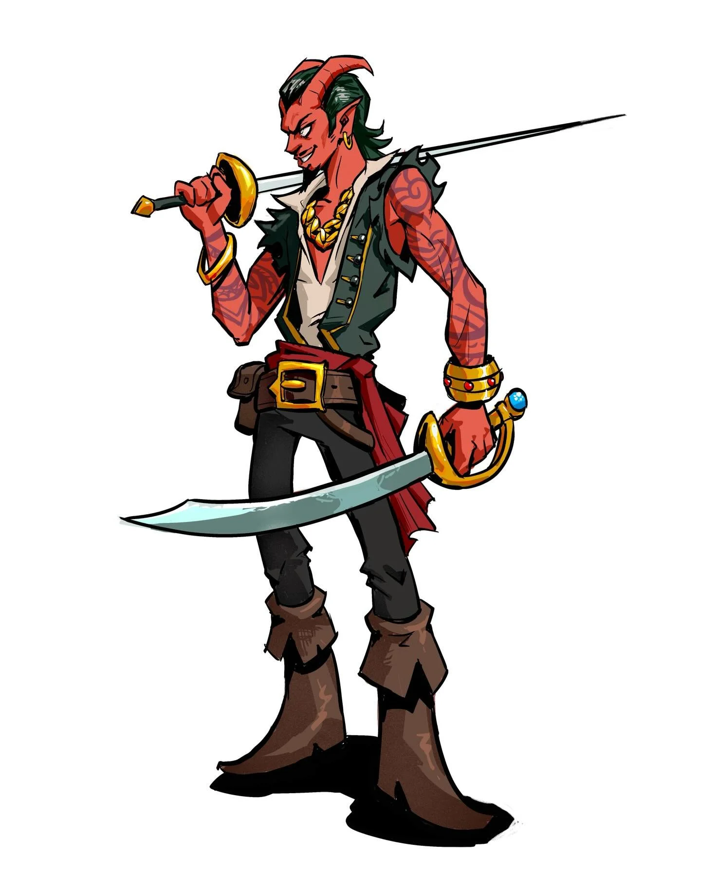 Pandemonium, tiefling pirate. Died in a valiant last stand against Tiamat, now sails the high seas of the Hells.