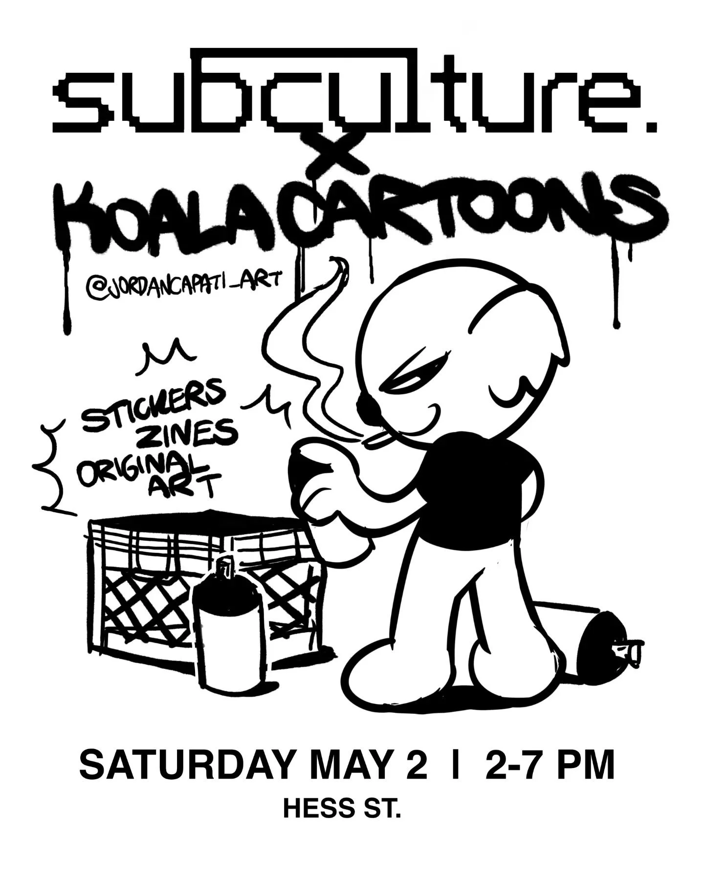 yo. I'm gonna be at @subculture.hamilton 's first event this Saturday. come check out all the dope local creatives, live music and art all up and down the street! pull up at the corner of main and hess and take home some Koala Cartoons illustrations,