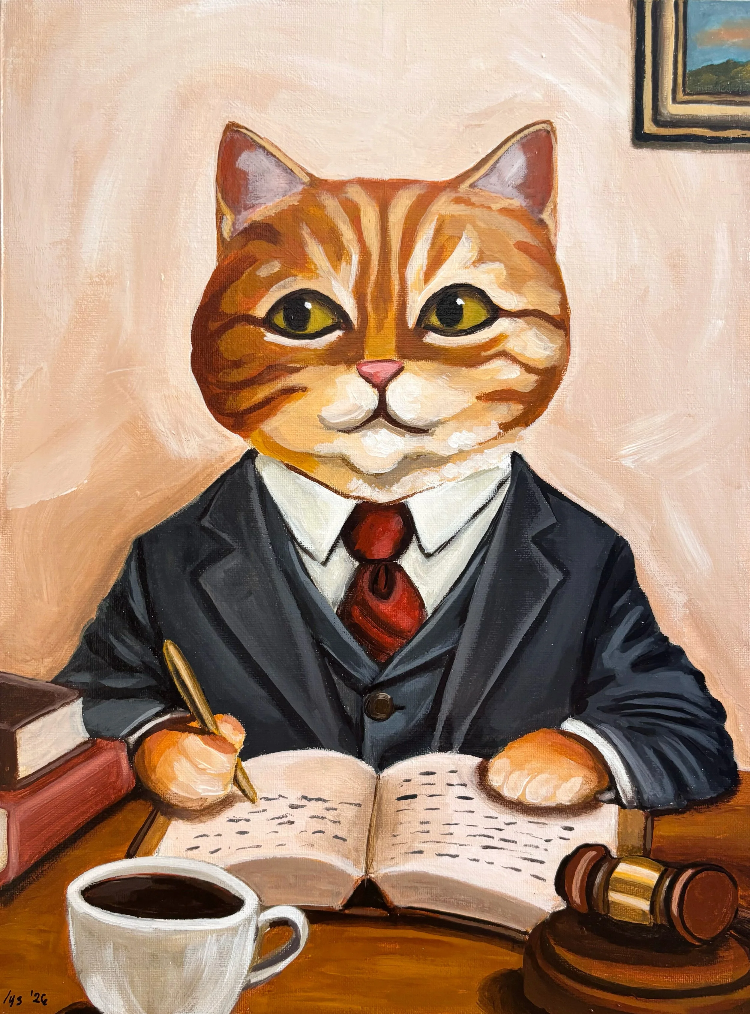 A painting of a cat dressed as a lawyer, wearing a suit and tie, sitting at a desk with a gavel and a cup of coffee, writing in a book with a pen, in a courtroom setting.