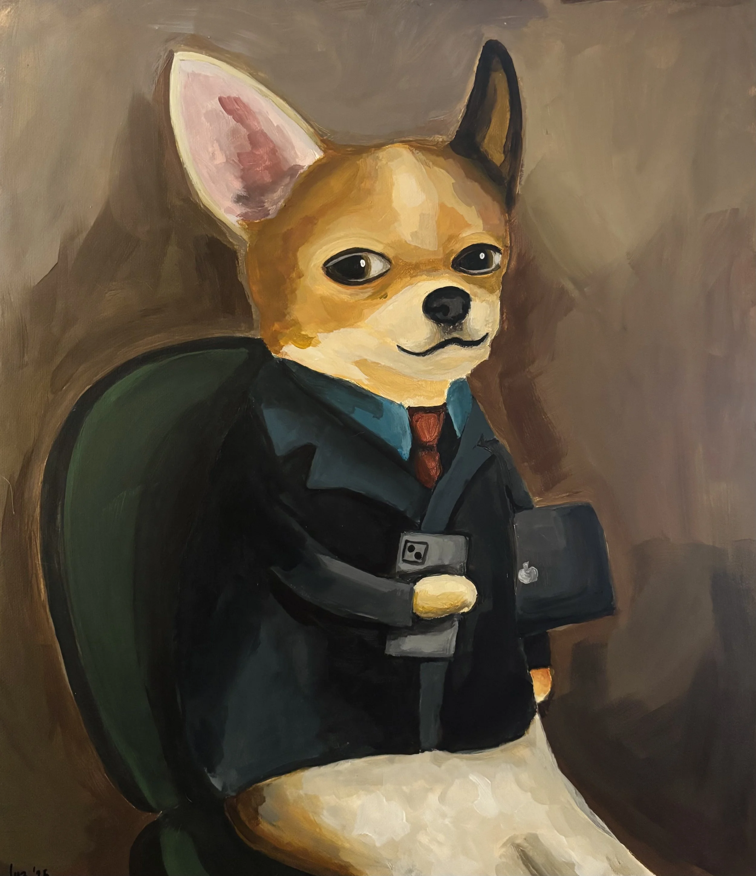 Painting of a chihuahua dog dressed in a business suit, holding a smartphone, with a green backpack and a black MacBook, against a neutral background.