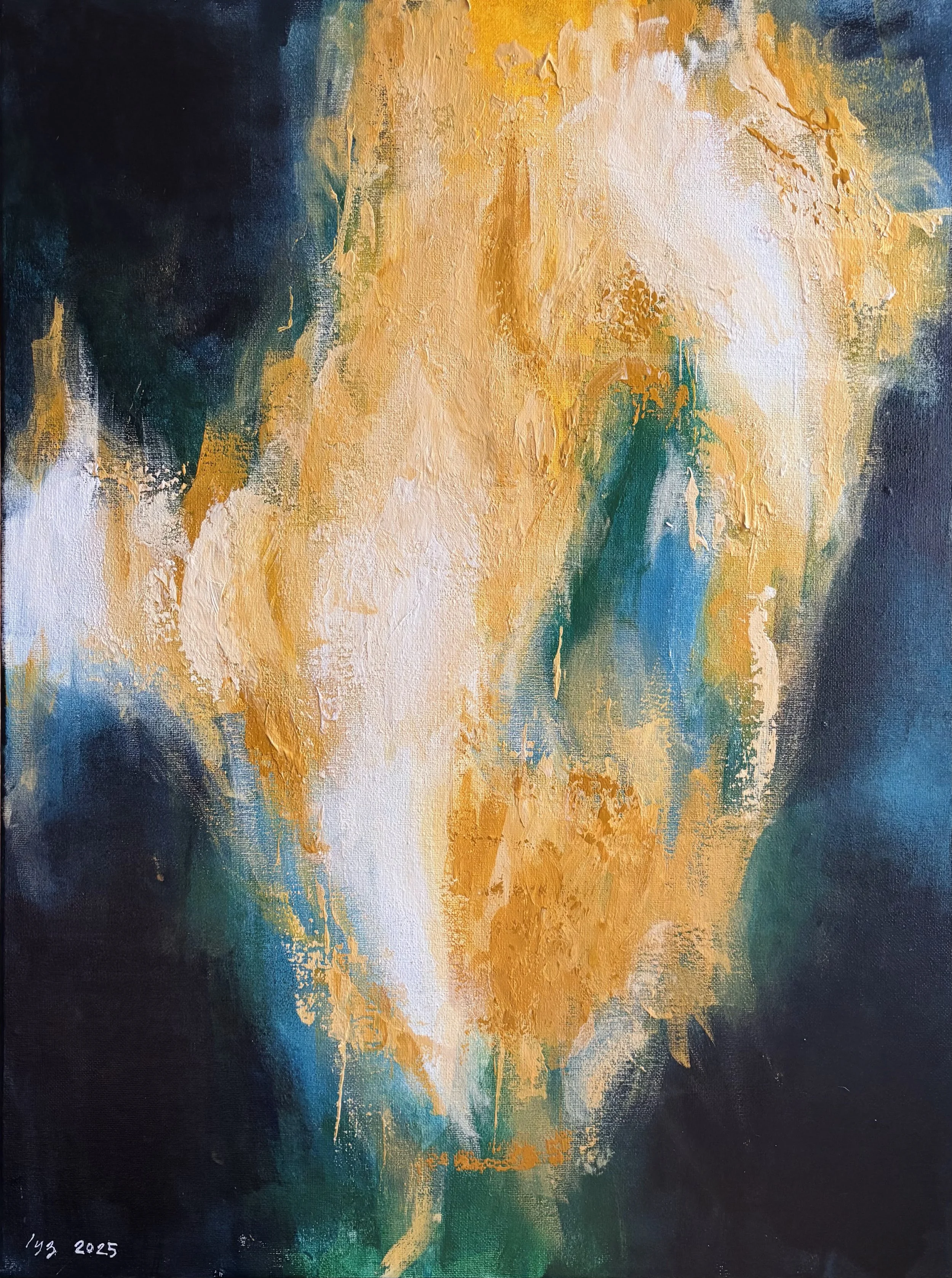 An abstract painting featuring vibrant swirls of orange, yellow, white, and blue, with dark green and black accents, creating a dynamic and textured composition.