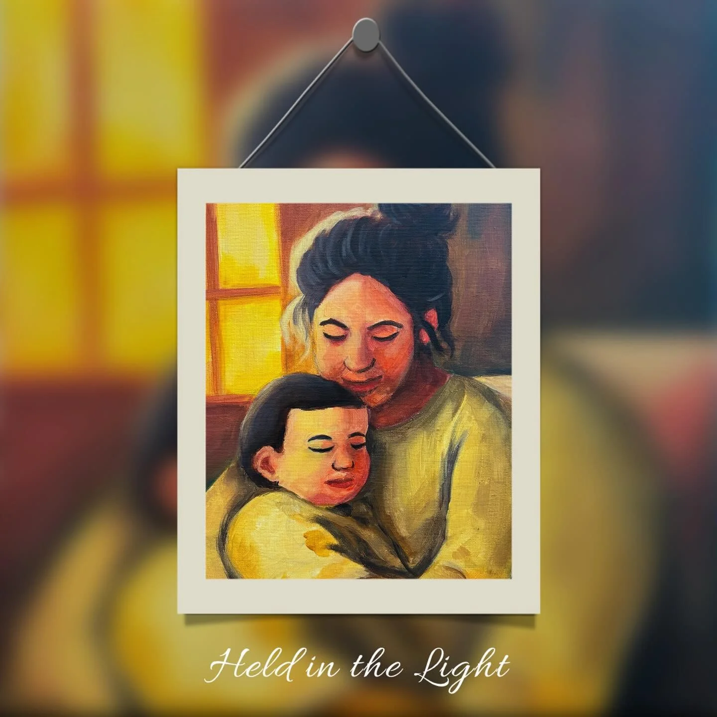 &ldquo;Held in the Light&rdquo; | 12x12&rdquo; | Acrylic on canvas
by Lyz Dizon

Bathed in warm light, a mother gently embraces her child, eyes closed and hearts resting in quiet harmony. This piece captures the sacred calm of being held, where love 