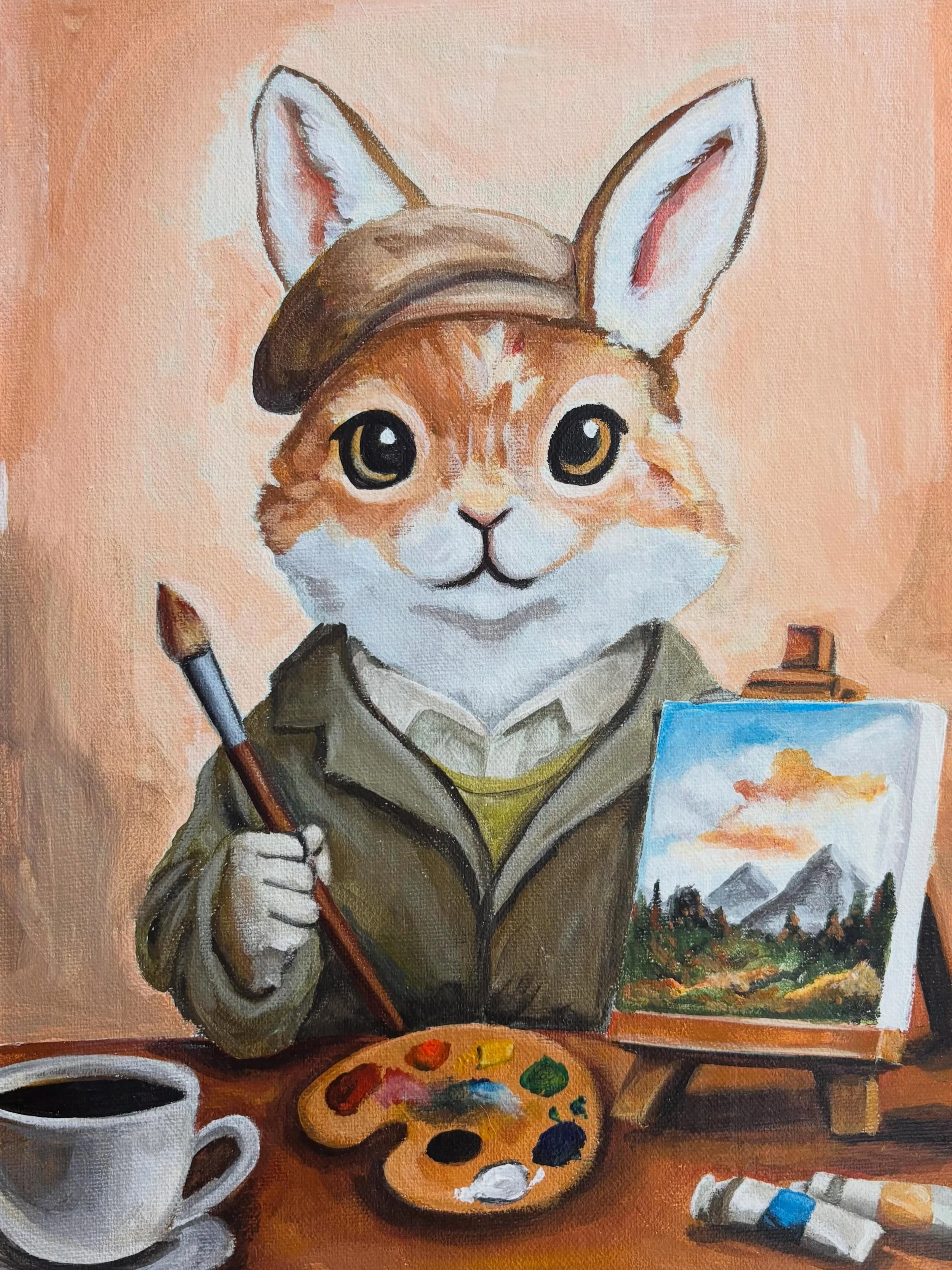 &ldquo;The Cozy Little Painter&rdquo;
10&rdquo;x 14&rdquo;
Acrylic on canvas

Tiny paws, grand visions. Between sips of coffee and dabs of color, this gentle artist turns ordinary mornings into miniature masterpieces.

Dm if you&rsquo;re interested. 