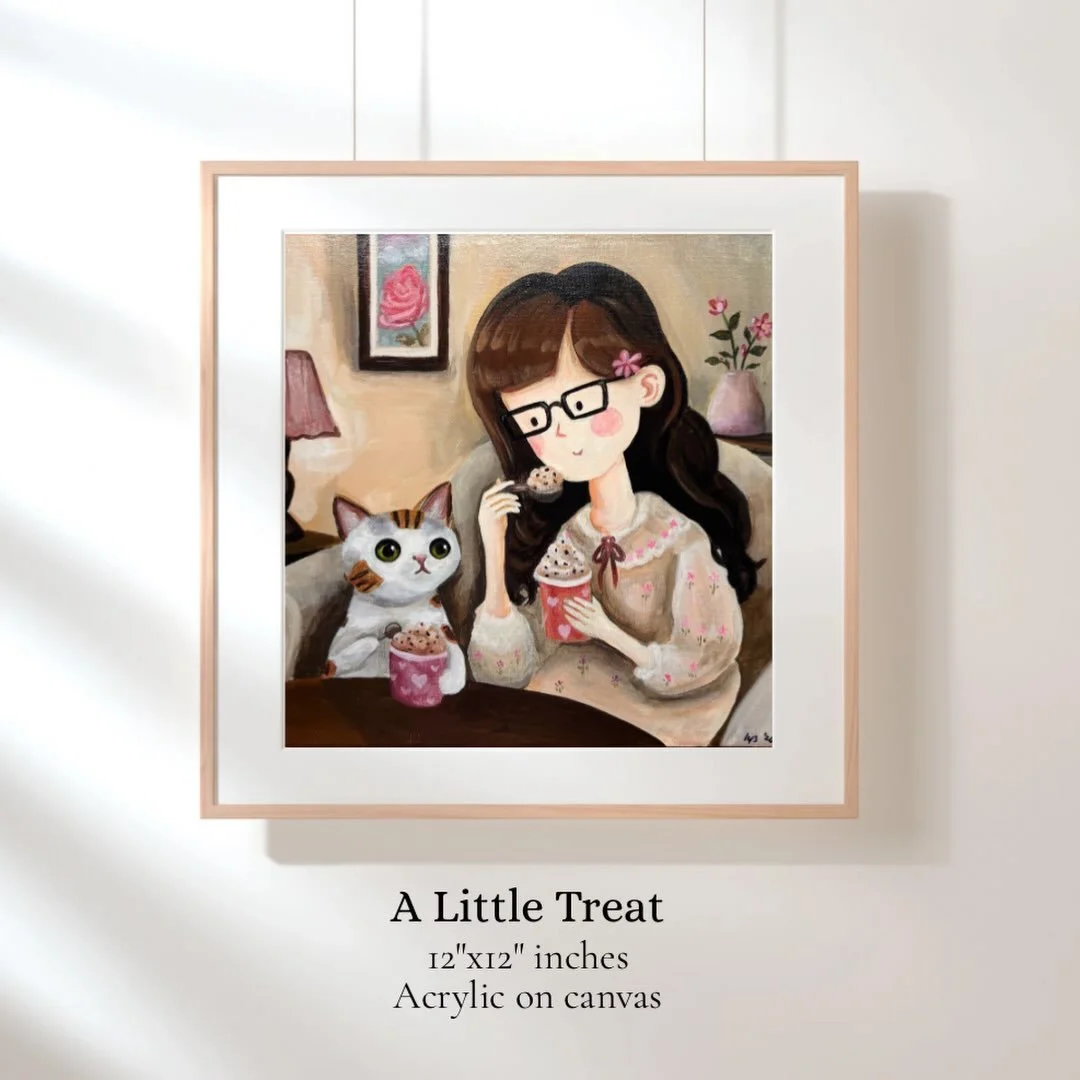 New artwork &hearts;️

&ldquo;A Little Treat&rdquo;
12x12 in &bull; Acrylic on canvas

A Little Treat is a cozy evening shared by a girl and her cat, surrounded by ordinary things that make the day feel special. 🍨

This piece is an exploration of co