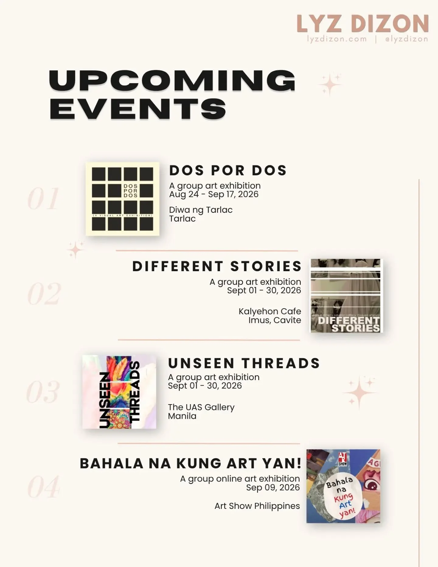 September - current and upcoming events. 🍰
Thankful for these opportunities! 

See you around! &hearts;

#artexhibitsph #lyzdizon #caviteartist #artsph #artevents