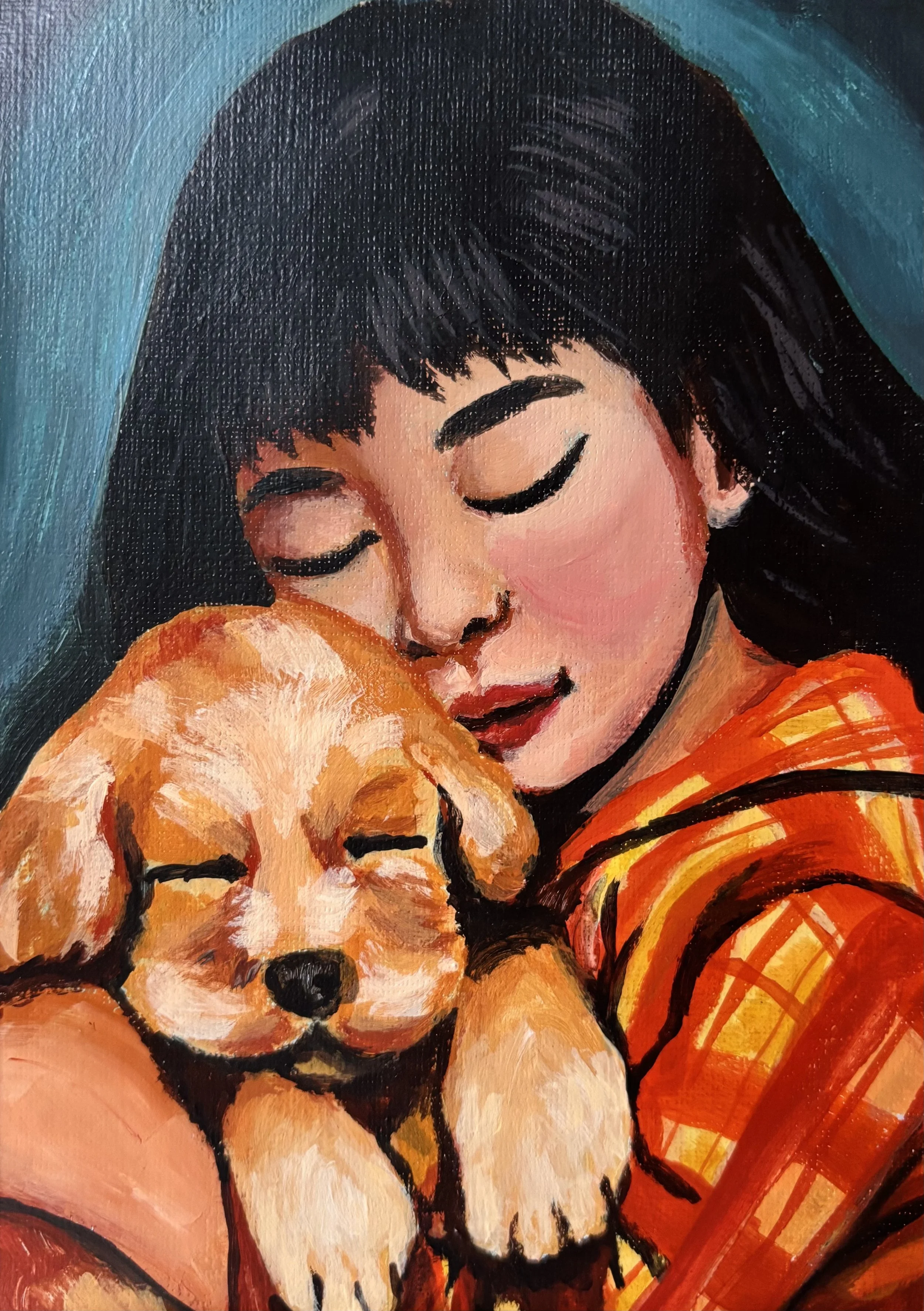 A painting of a young girl with black hair, closed eyes, and red lipstick, holding a sleeping puppy with closed eyes, both depicted with soft brush strokes and warm colors.