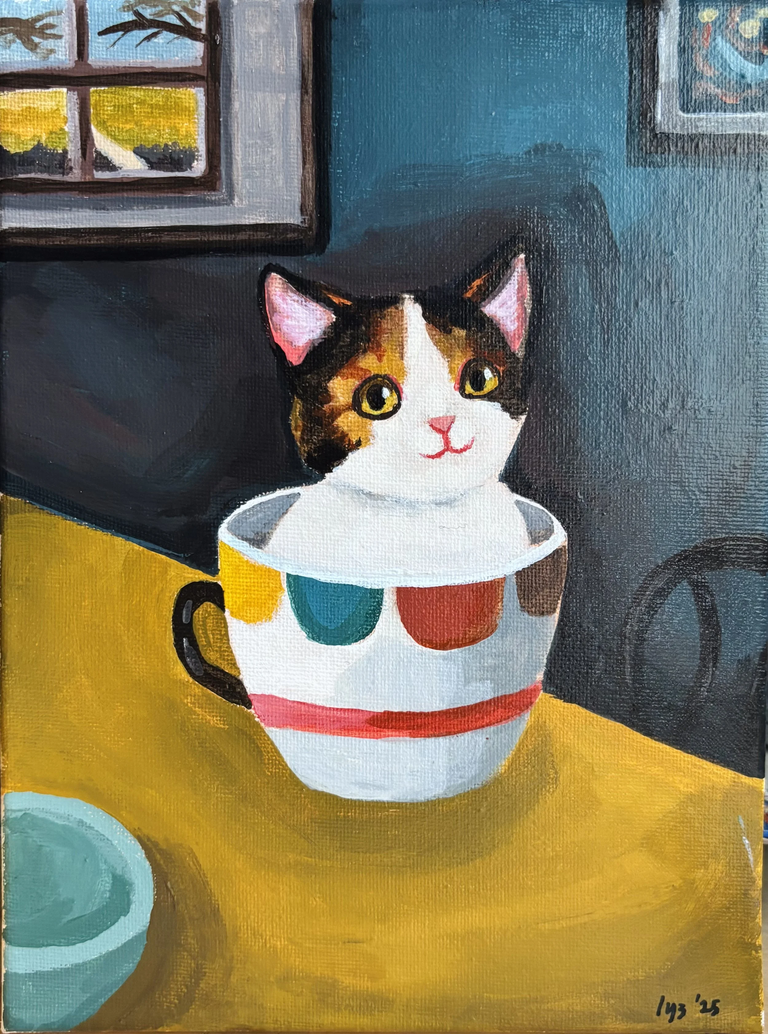 Painting of a calico cat sitting inside a colorful cup on a yellow table, with a dark background and a window with yellow and orange hues in the top left corner.