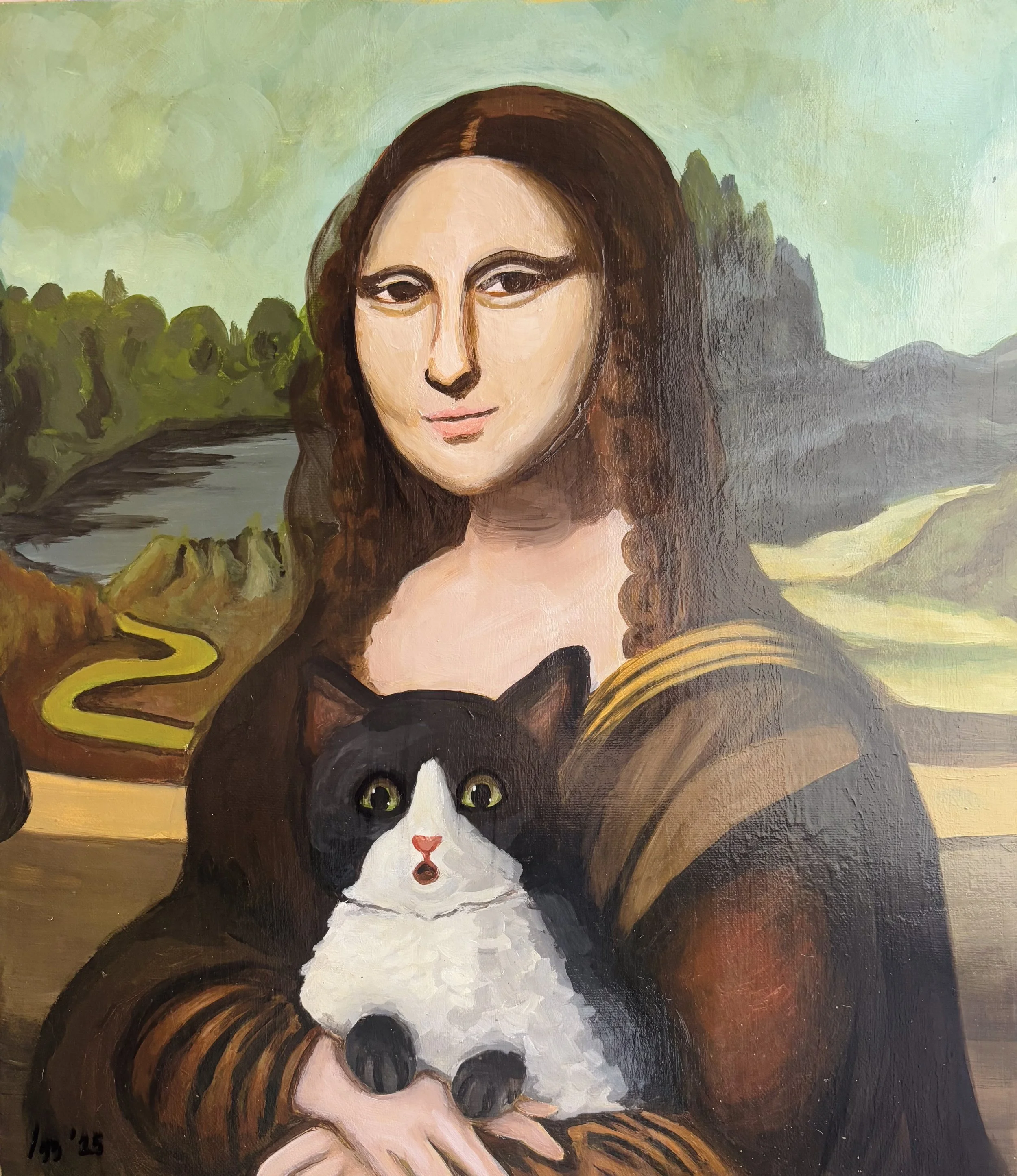 Painting of a woman with brown hair holding a black and white cat, background featuring a winding yellow road, green trees, a river, and distant hills.