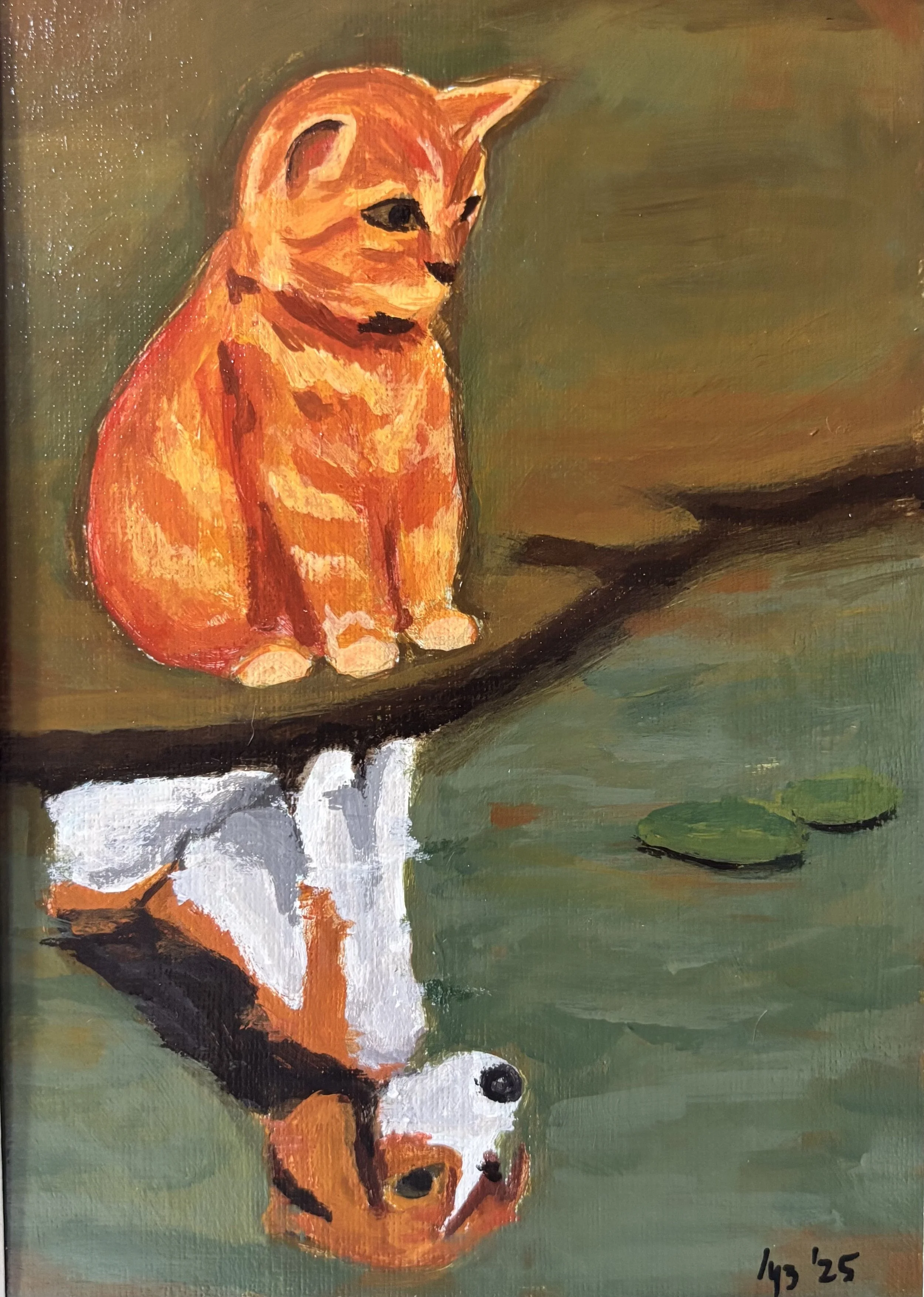 Painting of a cat sitting on a branch, it's reflection is that of a dog-- reflected in the water below, with lily pads nearby.