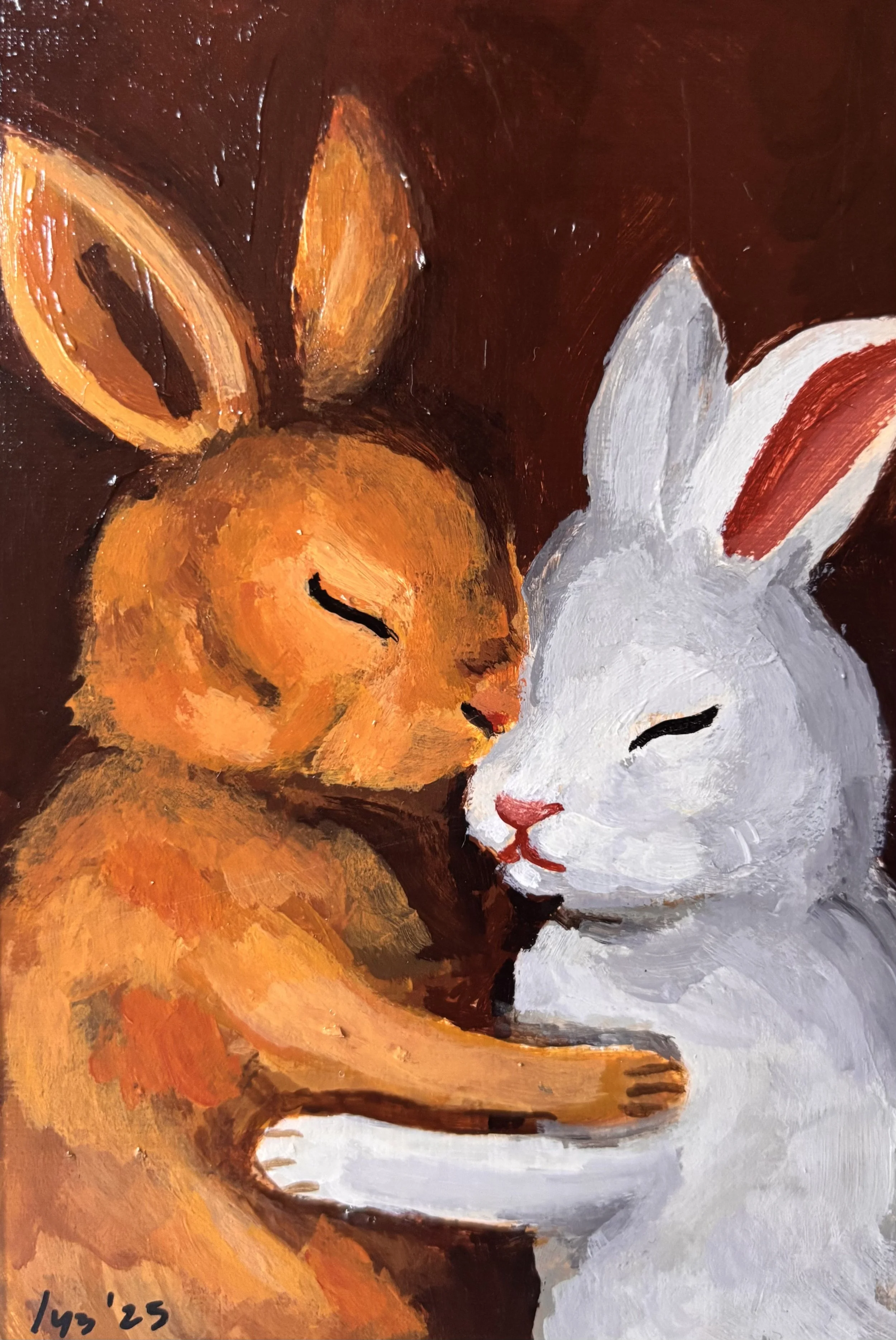 Painting of a brown rabbit and a white rabbit nose to nose with closed eyes, tenderly touching in an affectionate pose.