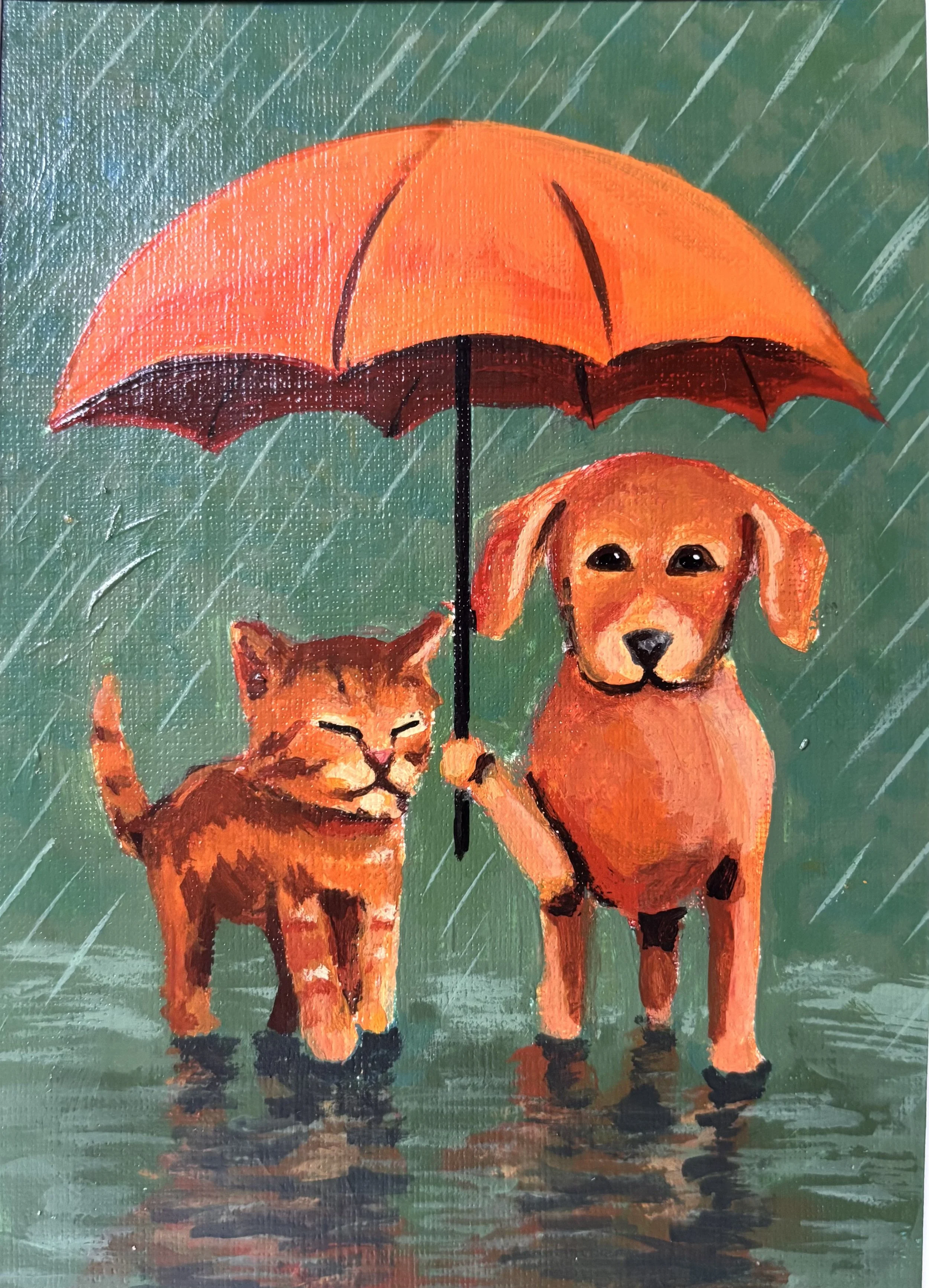 Painting of a dog and a cat standing in water, sharing an orange umbrella in the rain.