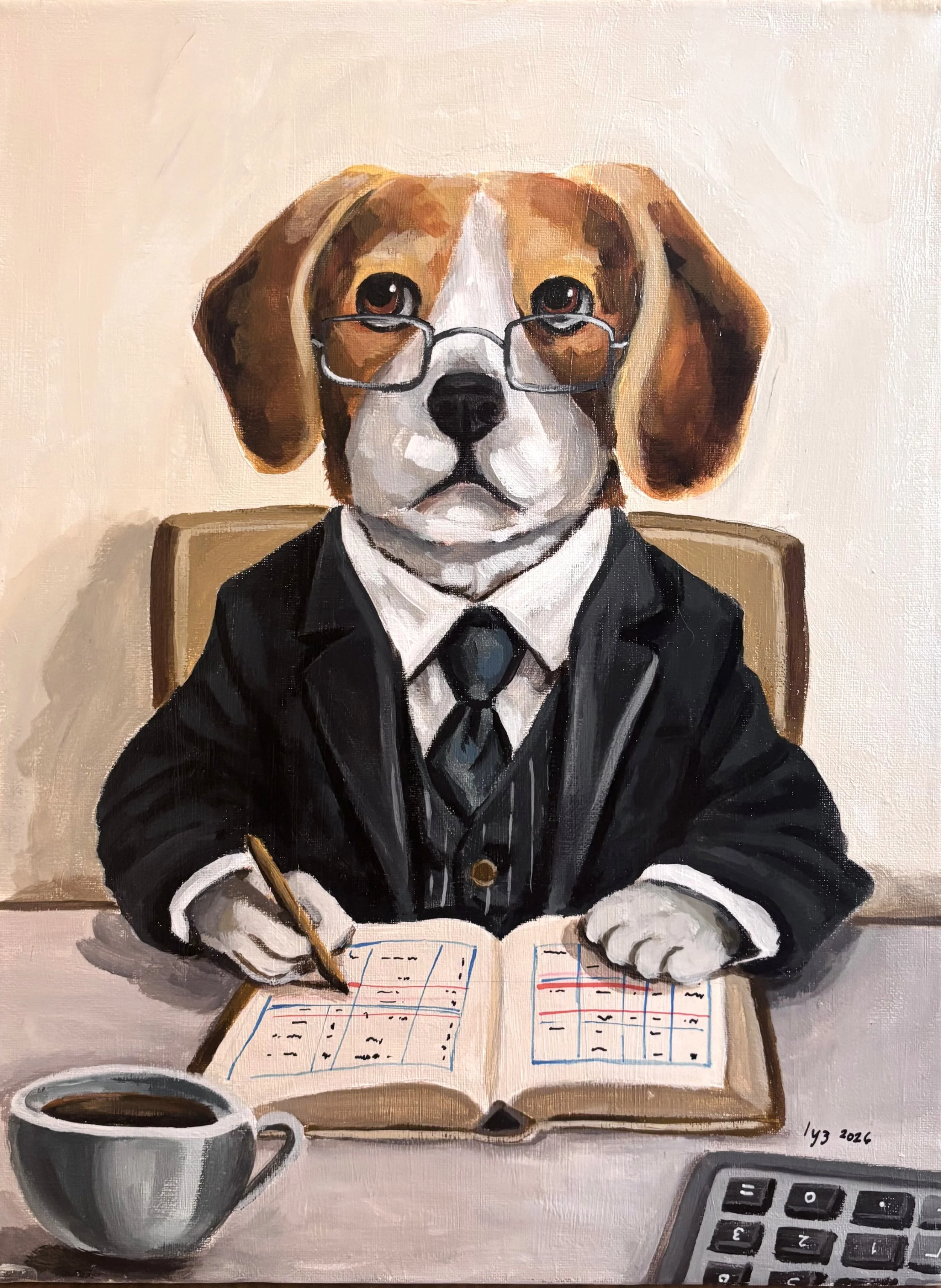 Painting of a dog with glasses dressed in a business suit, sitting at a desk with an open book, a cup of coffee, and a calculator.