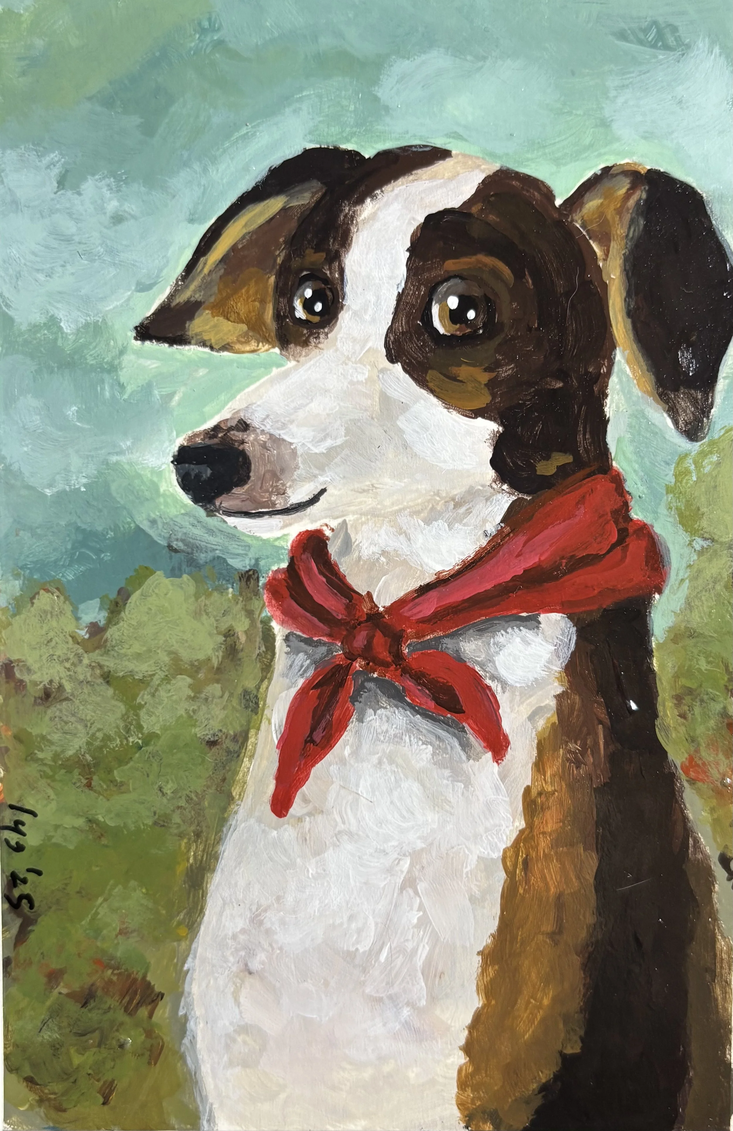Painting of a dog with brown and white fur, wearing a red scarf, against a green background.