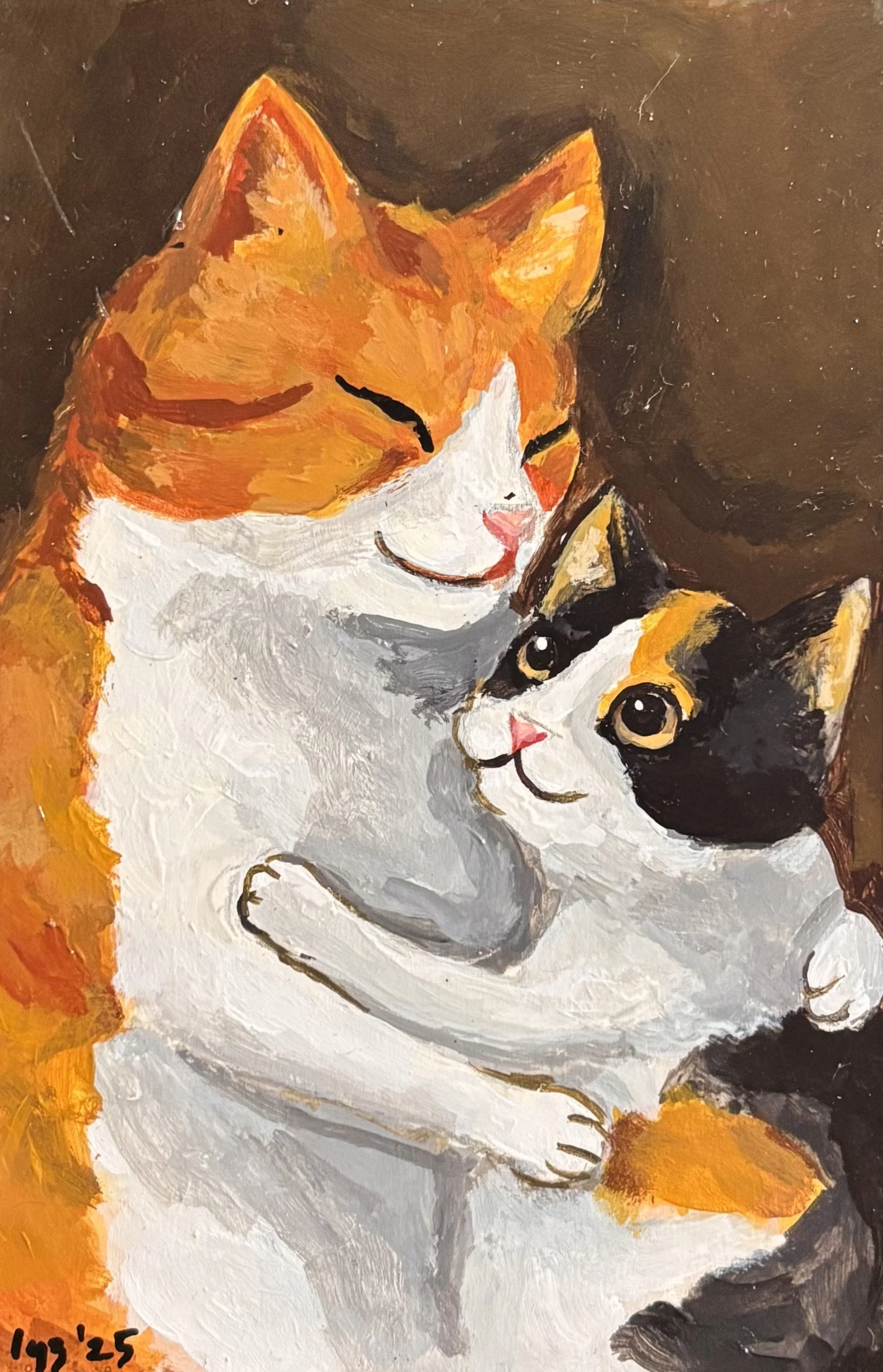 Painting of two cats hugging, one orange and white, the other black and white, with smiling expressions.