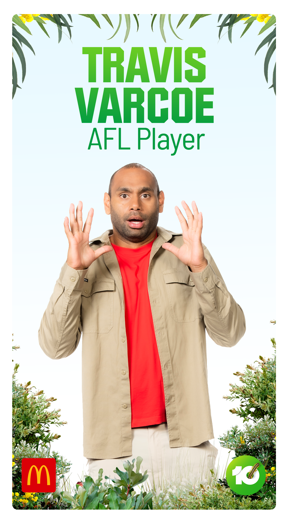 Poster featuring Travis Varcoe, an AFL player, wearing a beige jacket over a red shirt, standing among bushes with the McDonald's logo on the bottom left and a green circle with a white number 10 on the bottom right.