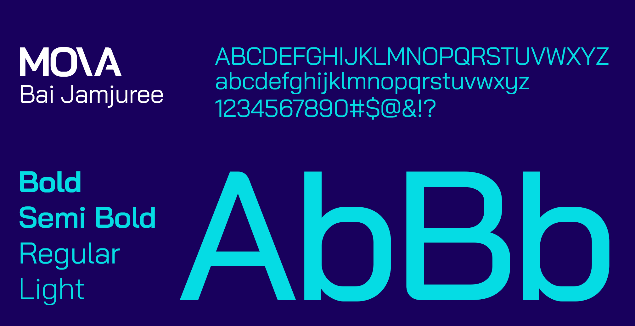 A graphic showcasing the MOYA font family with various weight styles, test characters, and the alphabet, set against a dark blue background.