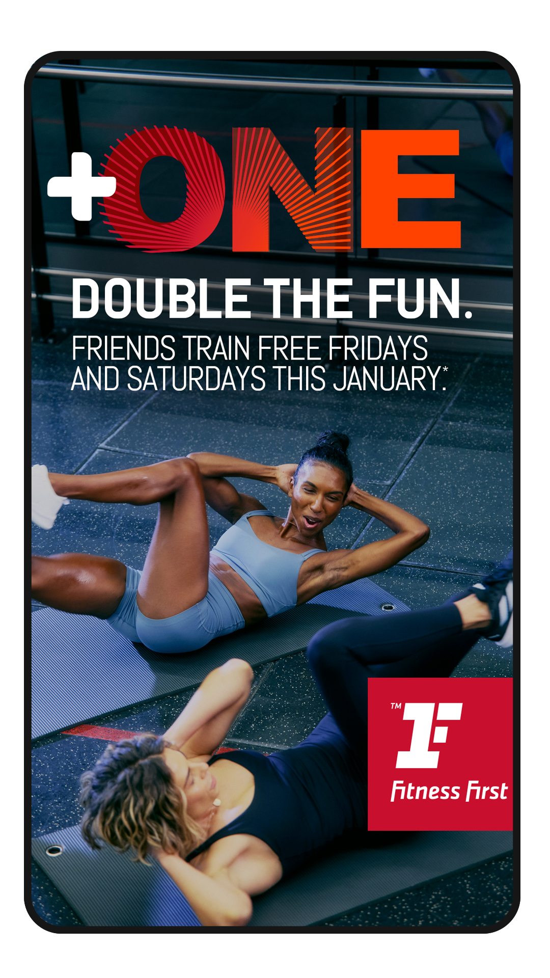 Fitness advertisement promoting free Fridays and Saturdays in January with women exercising on mats in a gym.
