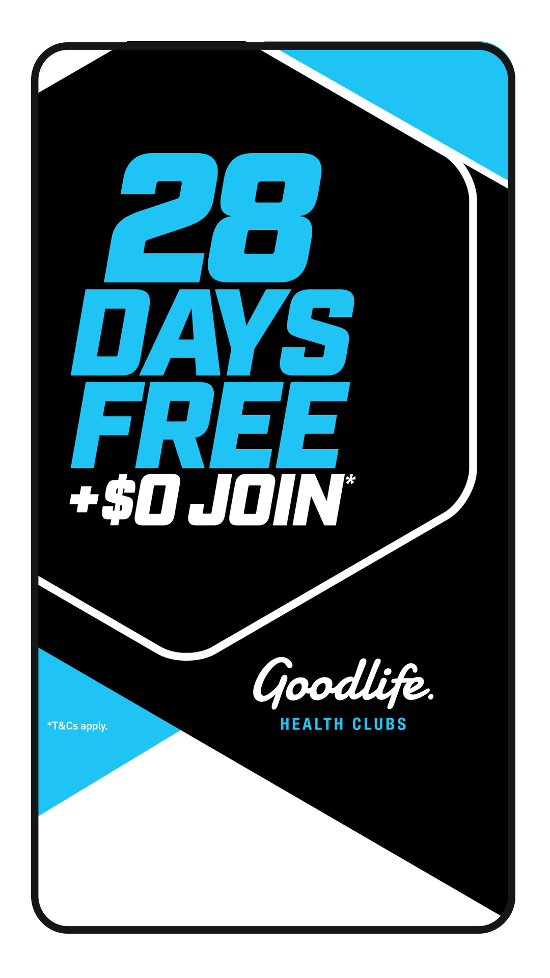 A promotional graphic for Goodlife Health Clubs advertising a 28-day free trial plus zero joining fee.