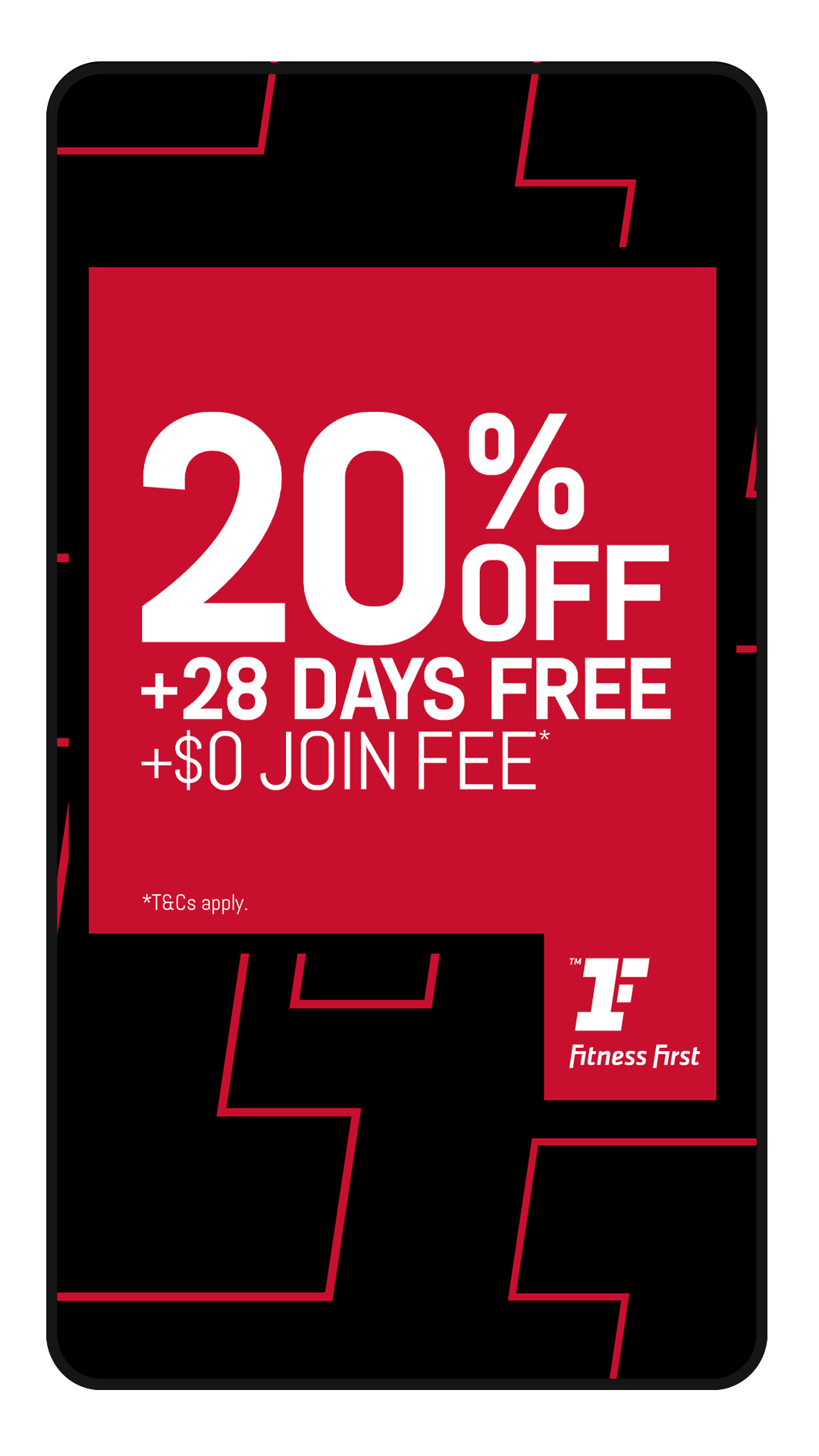 A fitness center promotional offer displaying 20% off, 28 days free, and no join fee at Fitness First.