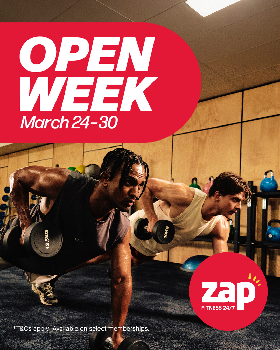 A promotional poster for a gym open week event from March 24 to 30 featuring two men doing push-ups with dumbbells in a gym, with kettlebells and exercise equipment in the background, and a red banner with white text announcing the event and the gym 