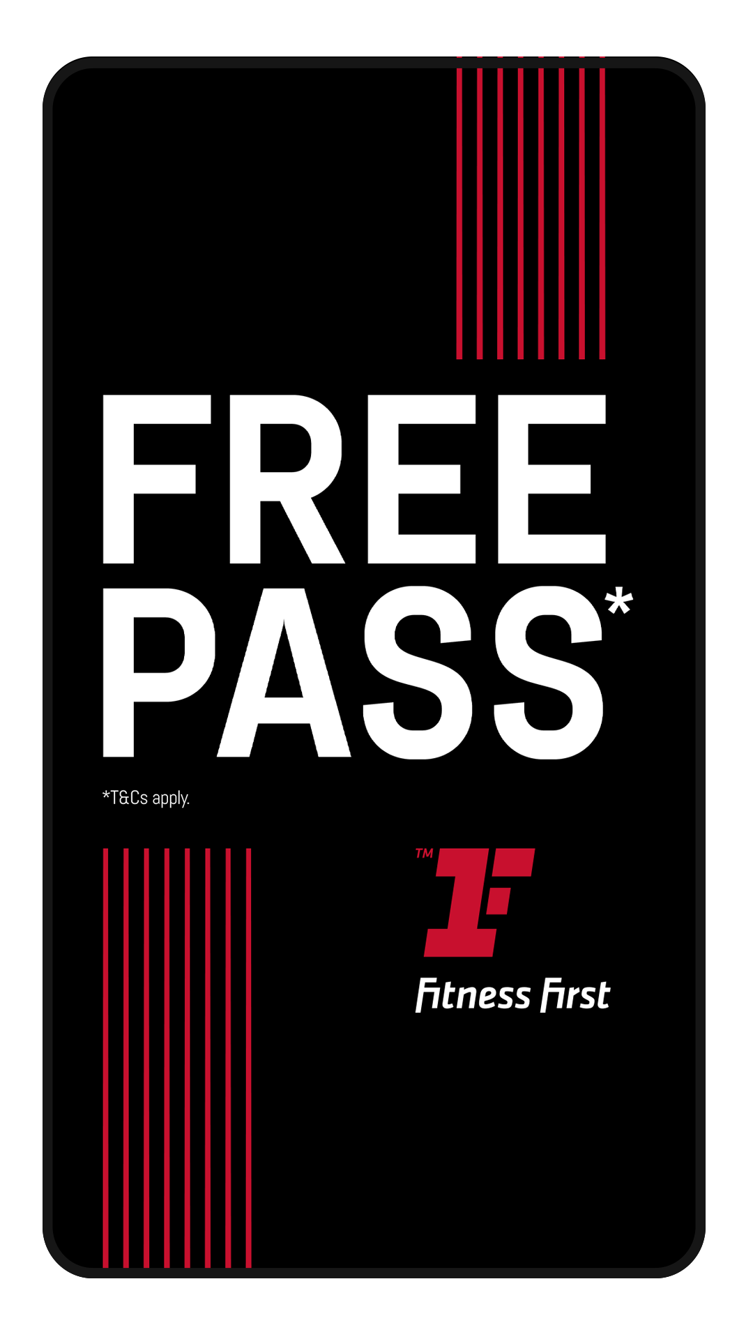 Digital graphic promoting a free pass from Fitness First, with red and white text on a black background, including red striped accents.