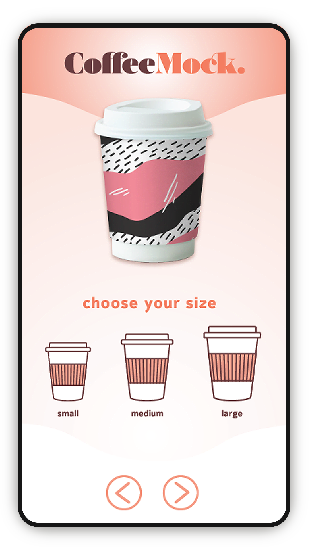 A digital mockup of a coffee cup with abstract black, pink, and white patterns, on a pink background with the text 'CoffeeMock' and options to choose small, medium, or large sizes.