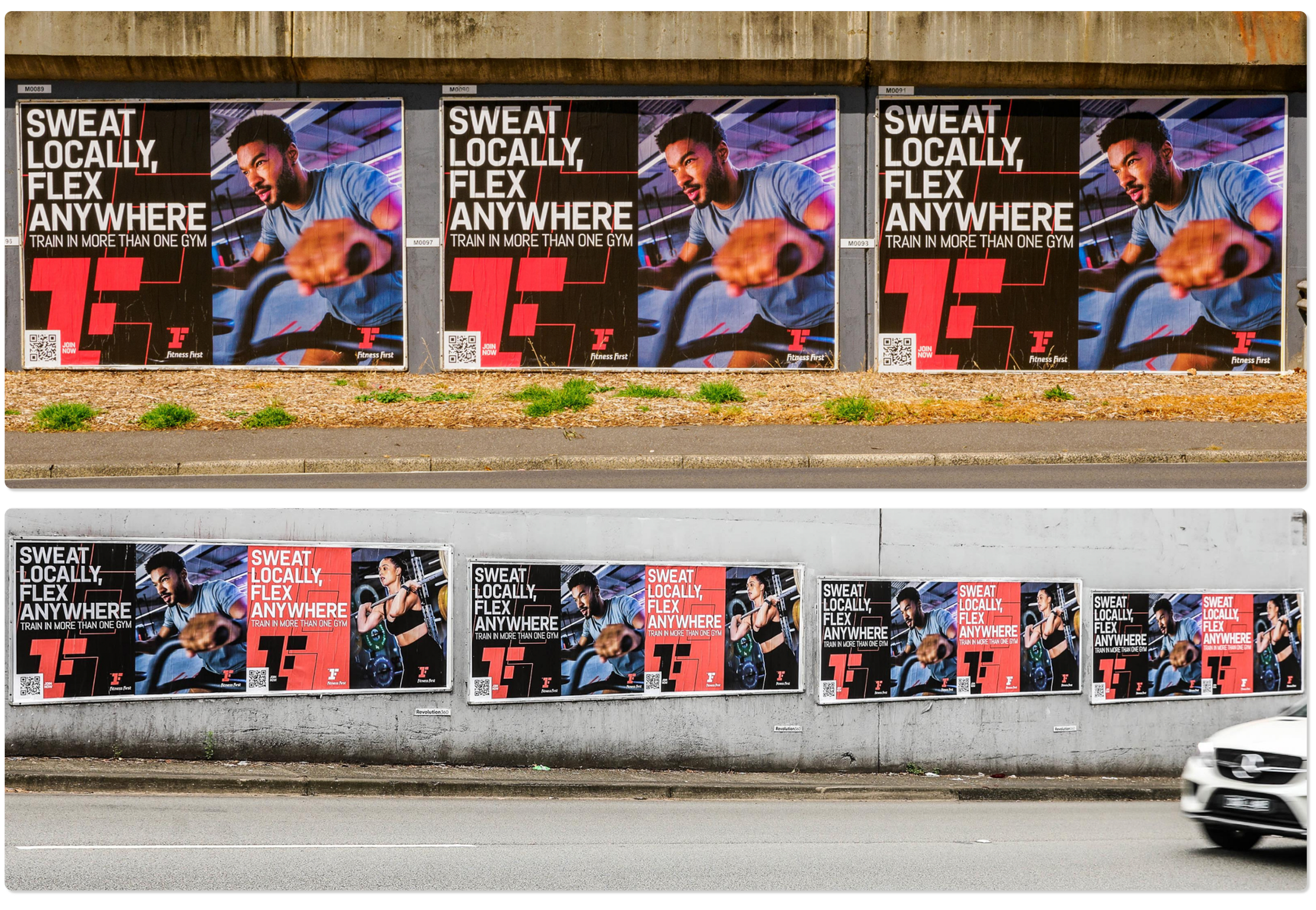 Multiple fitness advertisements featuring diverse individuals working out and promoting gym training across two billboard displays on a city street.