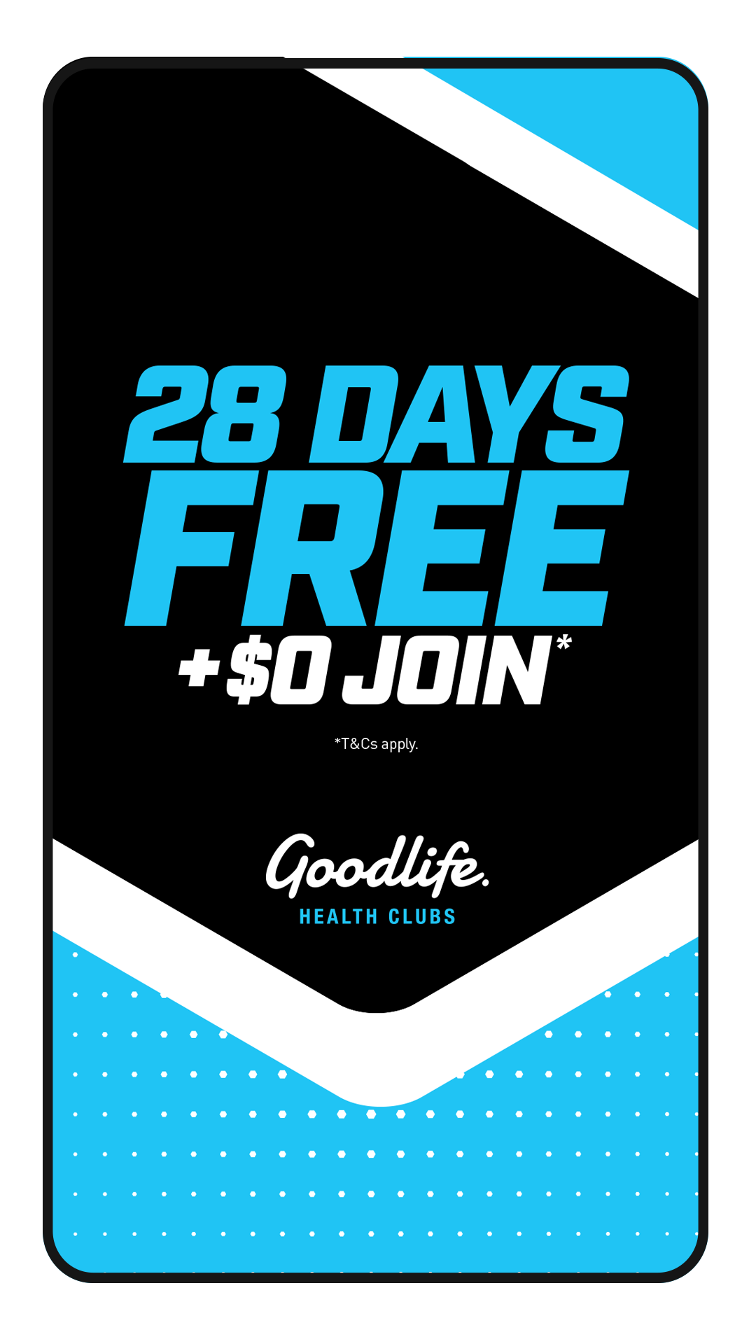 Digital poster advertising a gym membership offer with 28 days free and a $0 join fee, for Goodlife Health Clubs.
