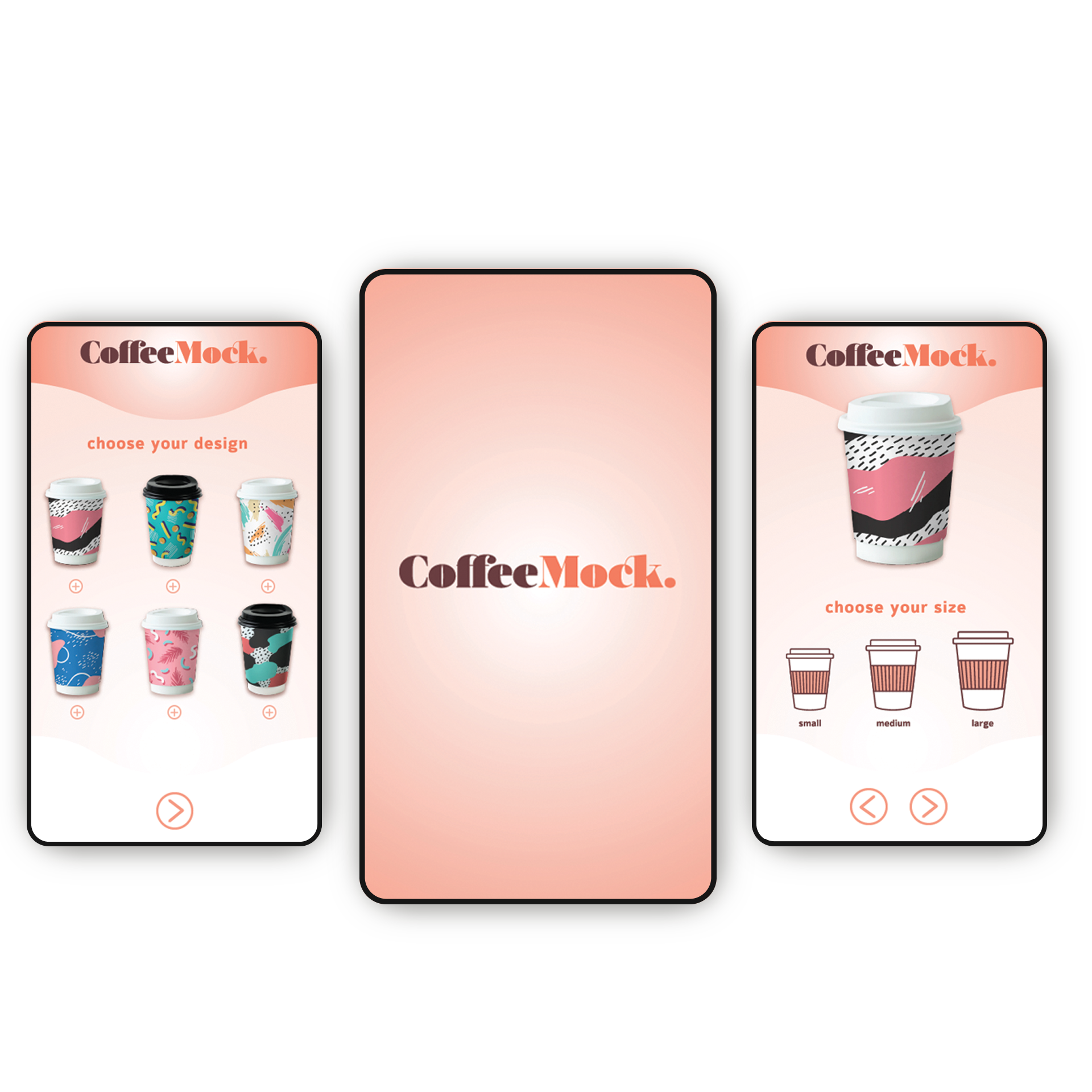 Mobile app interface displaying coffee cup designs, options to choose design and size, with a central logo that says 'CoffeeMock' on a pink gradient background.