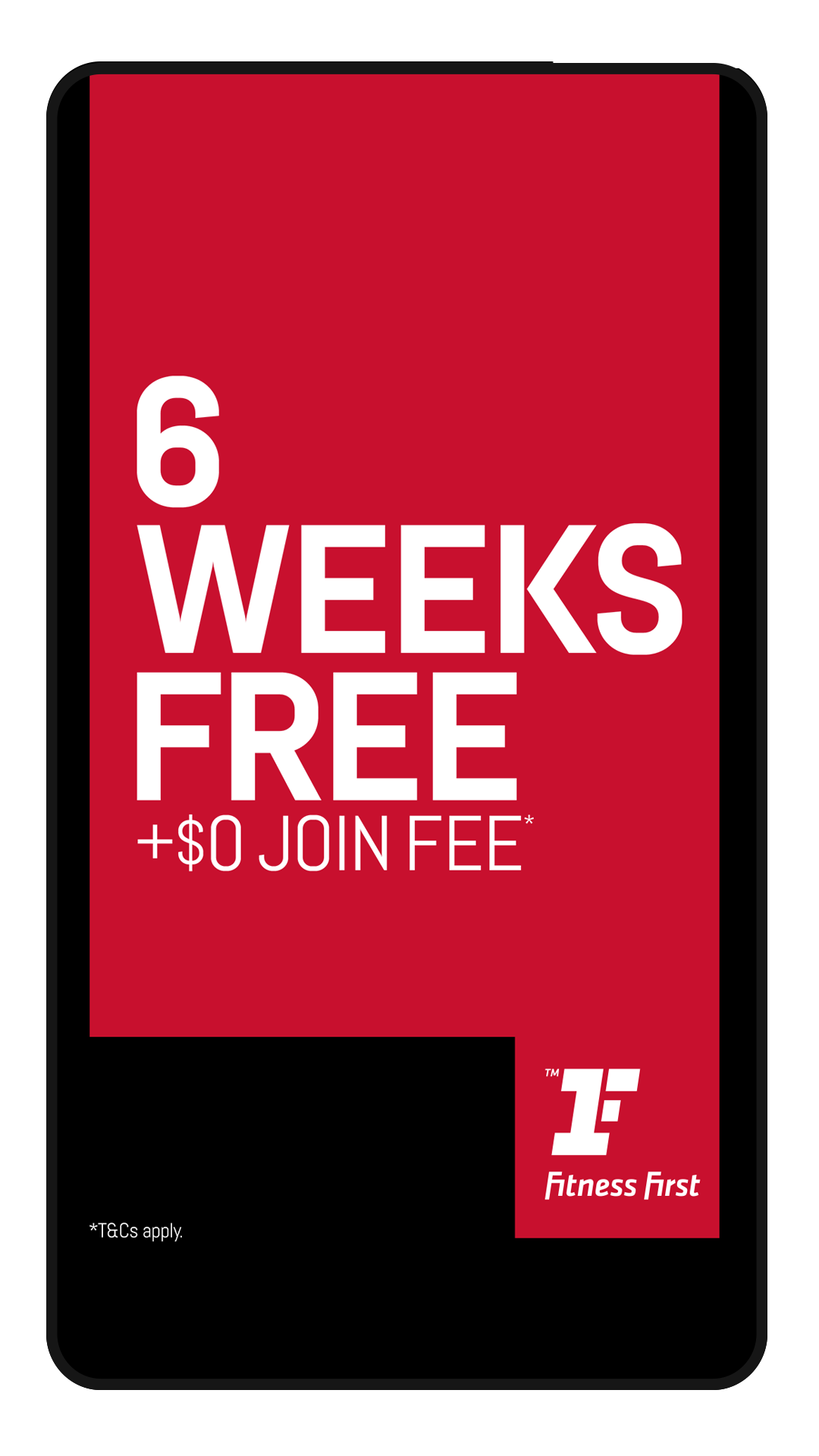 Fitness First promotional poster highlighting a six-week free trial with no join fee, on a red background with the Fitness First logo at the bottom right.
