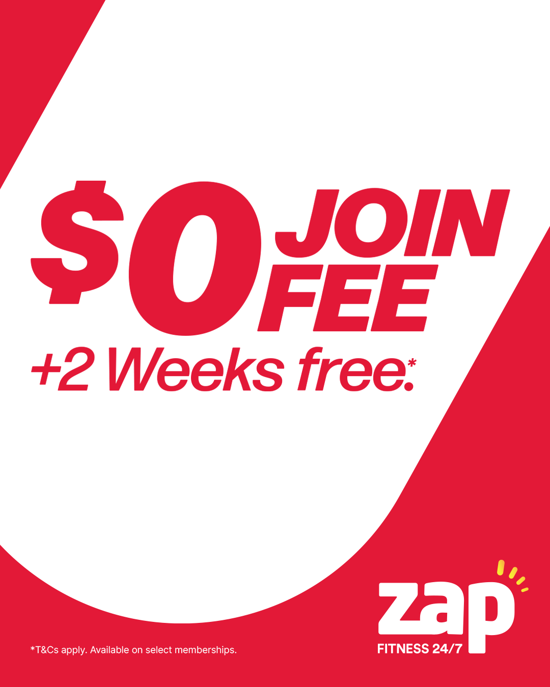 Promotion poster for Zap Fitness offering $0 join fee and 2 weeks free trial.