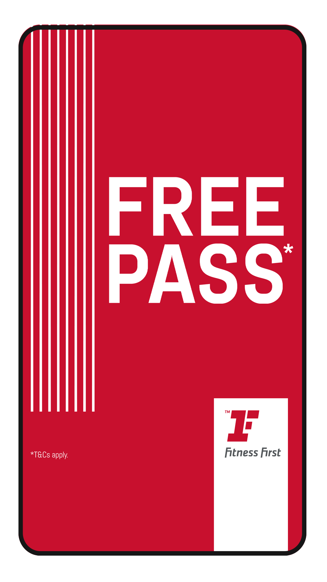 Red and black card with white text reading 'FREE PASS' and the Fitness First logo in the bottom right corner.